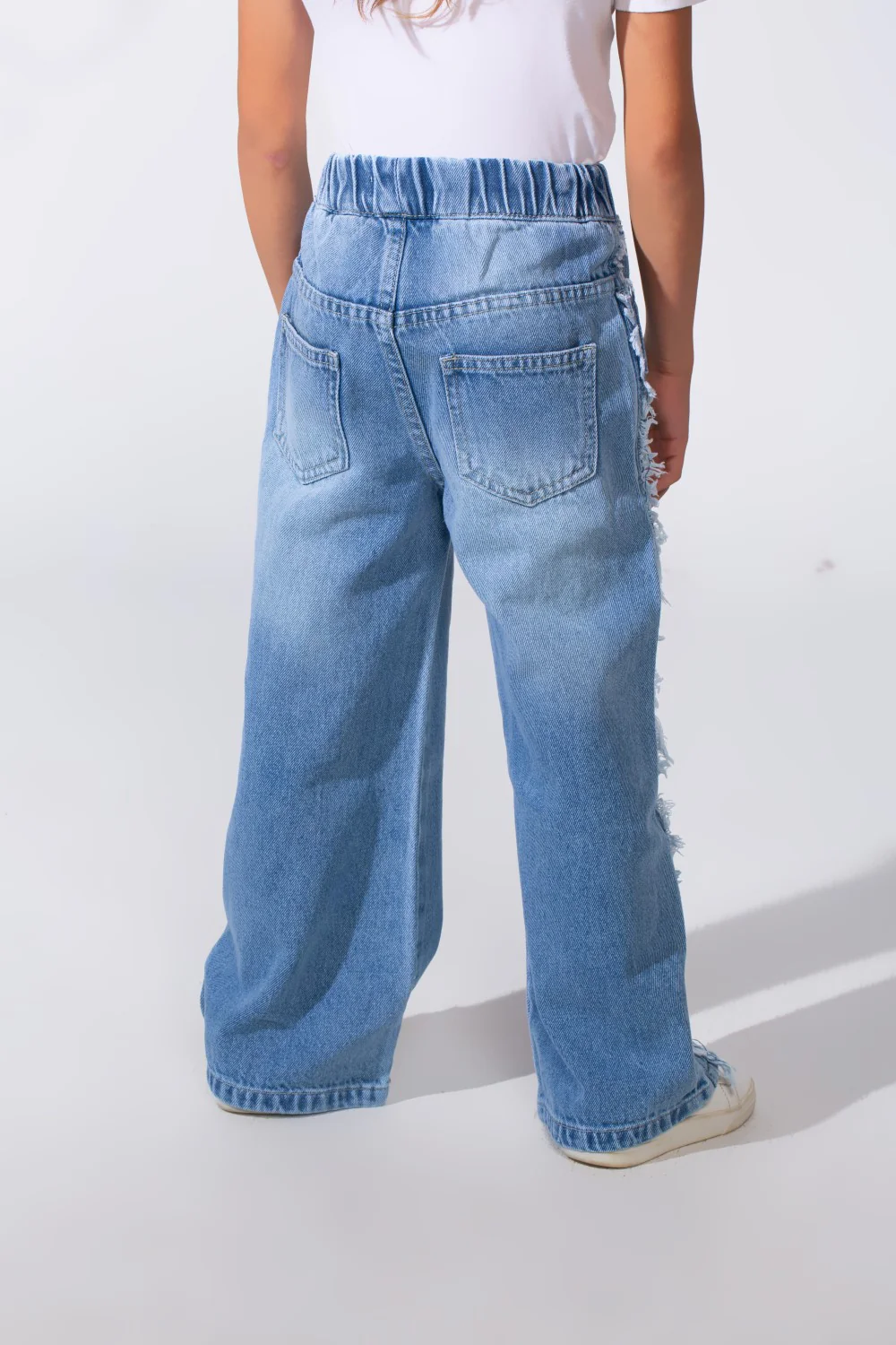 Girl's Wide-Leg With Comfy Elastic Waistband Detailed With Pockets Unique Frayed-Edge On Sides Casual Denim Jeans - Image 2