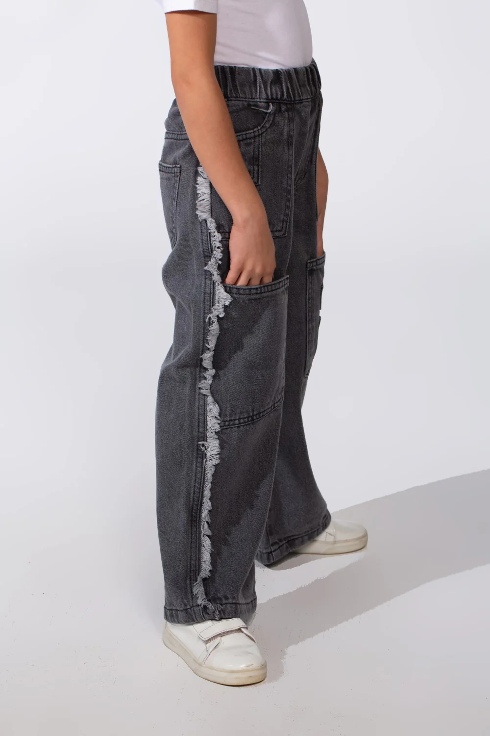 Girl's Wide-Leg With Comfy Elastic Waistband Detailed With Pockets Unique Frayed-Edge On Sides Casual Denim Jeans - Image 20