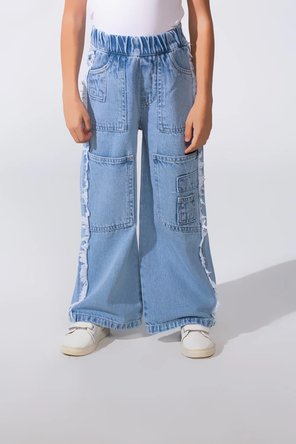 Girl's Wide-Leg With Comfy Elastic Waistband Detailed With Pockets Unique Frayed-Edge On Sides Casual Denim Jeans - Image 21