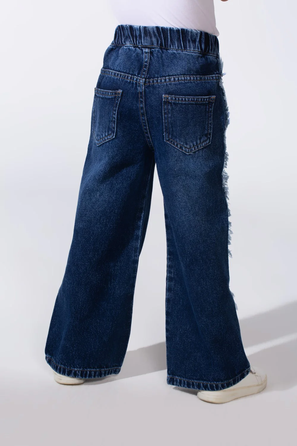 Girl's Wide-Leg With Comfy Elastic Waistband Detailed With Pockets Unique Frayed-Edge On Sides Casual Denim Jeans - Image 8