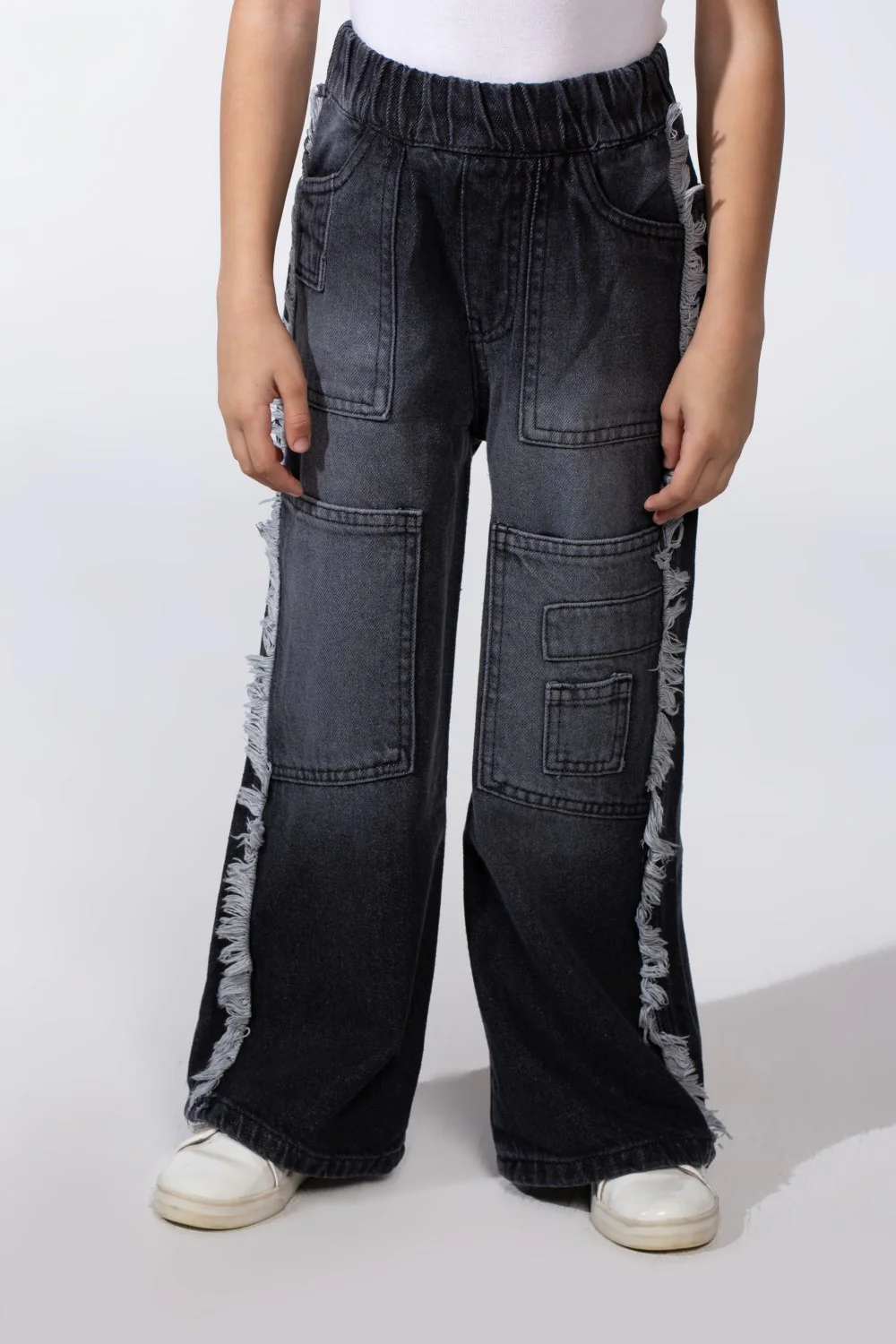 Girl's Wide-Leg With Comfy Elastic Waistband Detailed With Pockets Unique Frayed-Edge On Sides Casual Denim Jeans - Image 9