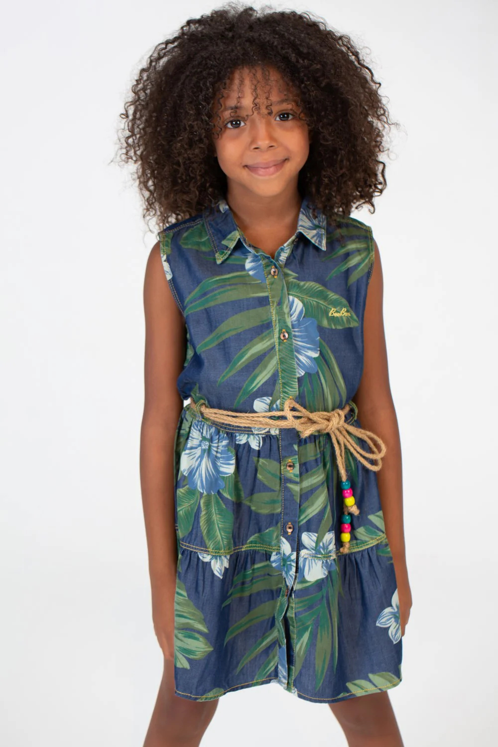 Girls Wooded Floral Dress With Drawstring At The Middle And Buttons On The Front Green - Image 3