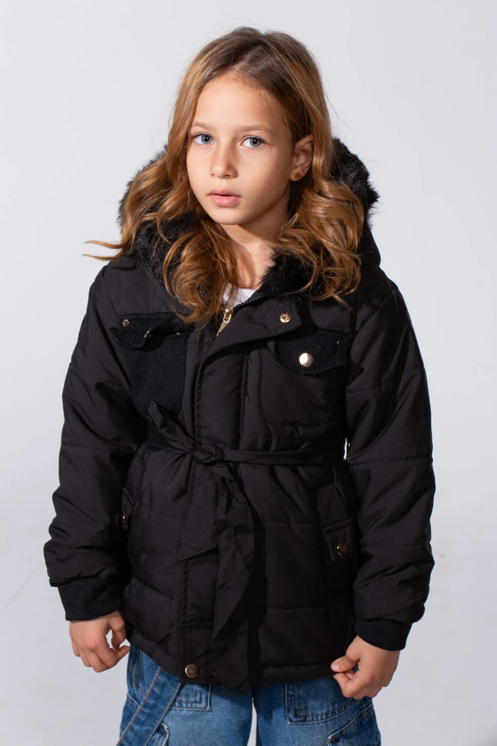 Girl's Zip-Up Long Sleeve With Fur Hood Chest Pockets Waterproof Jacket