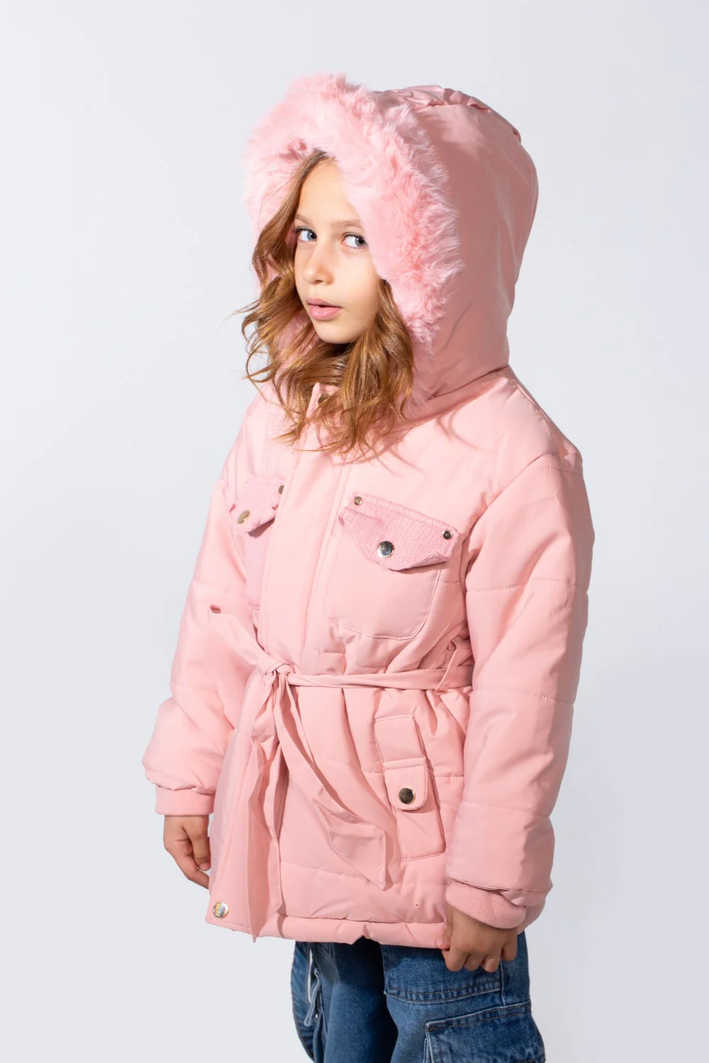 Girl's Zip-Up Long Sleeve With Fur Hood Chest Pockets Waterproof Jacket - Image 11