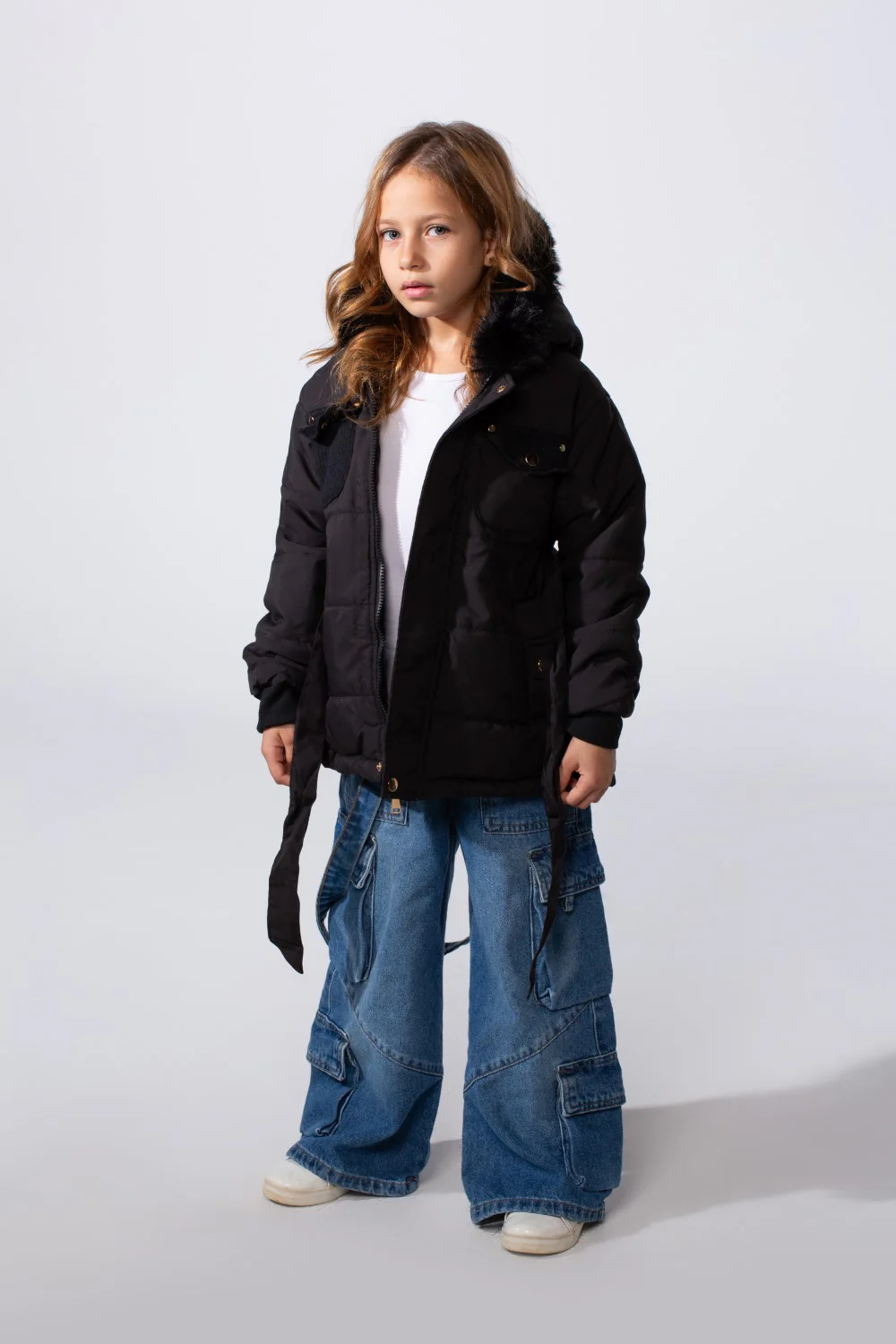 Girl's Zip-Up Long Sleeve With Fur Hood Chest Pockets Waterproof Jacket - Image 2