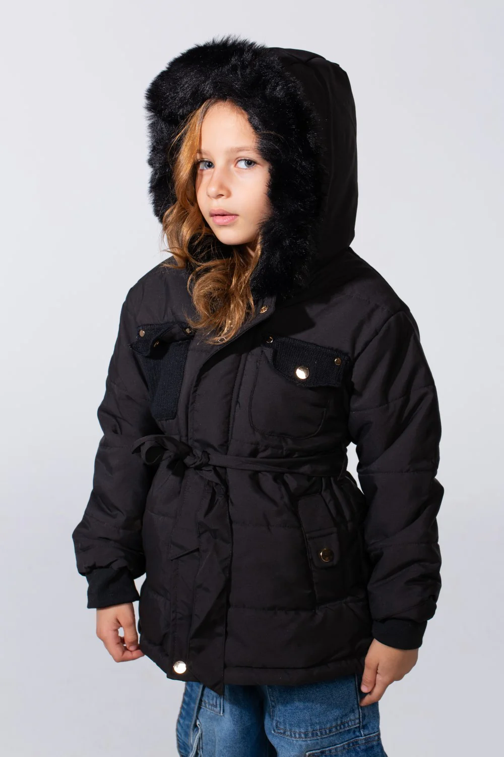 Girl's Zip-Up Long Sleeve With Fur Hood Chest Pockets Waterproof Jacket - Image 3