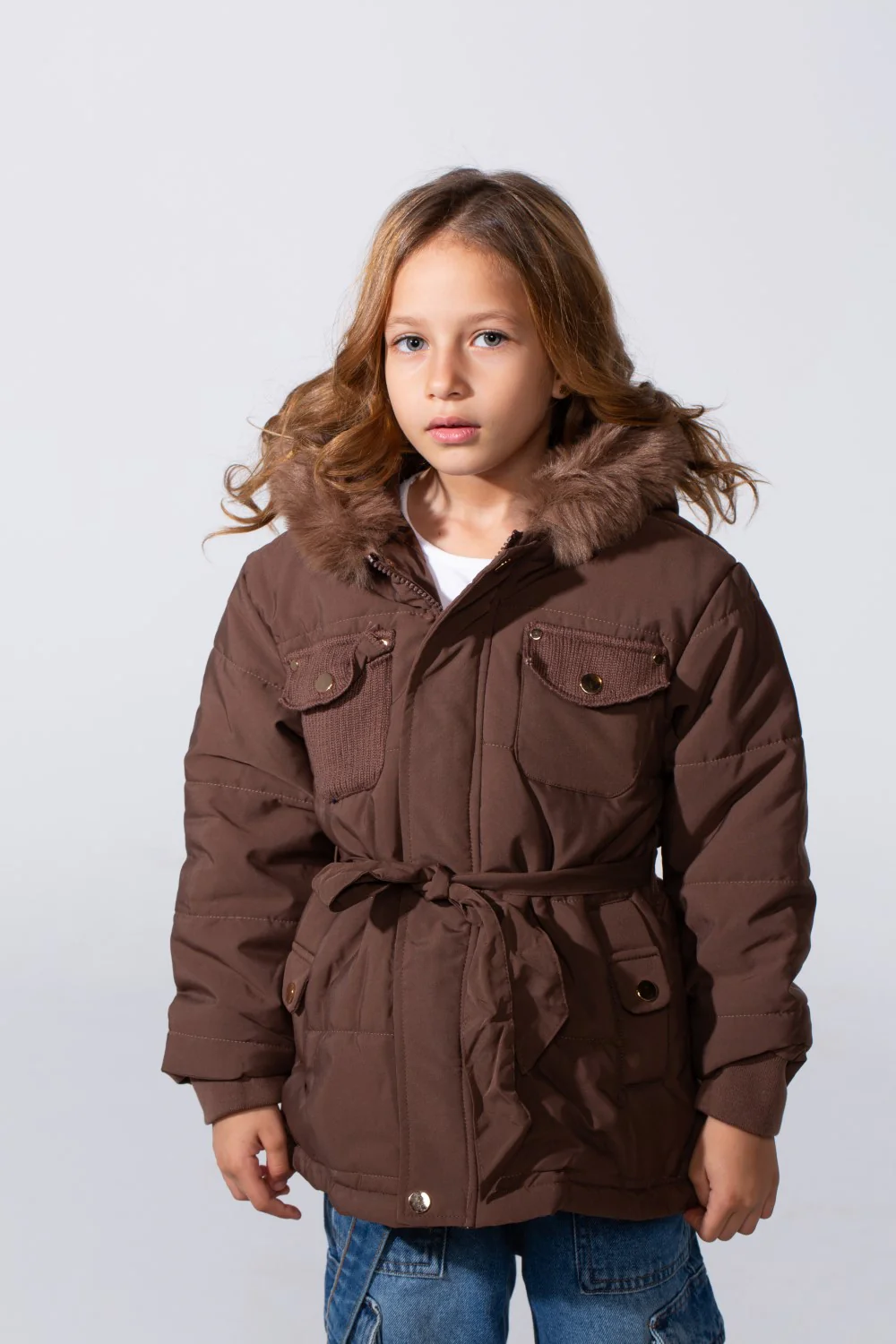 Girl's Zip-Up Long Sleeve With Fur Hood Chest Pockets Waterproof Jacket - Image 5