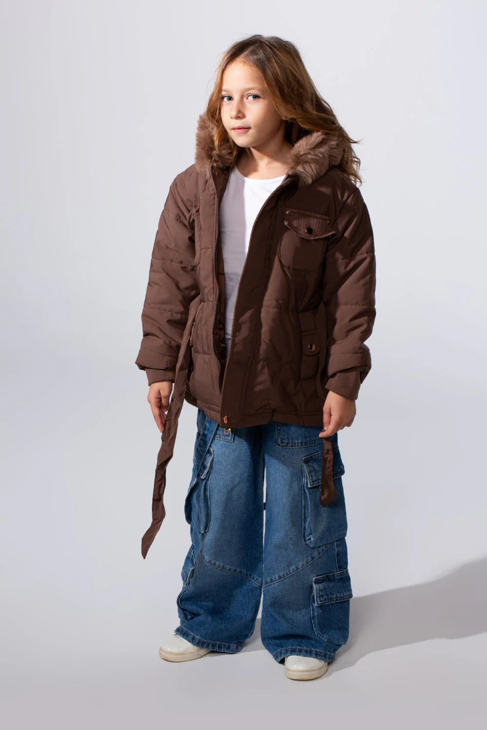 Girl's Zip-Up Long Sleeve With Fur Hood Chest Pockets Waterproof Jacket - Image 6