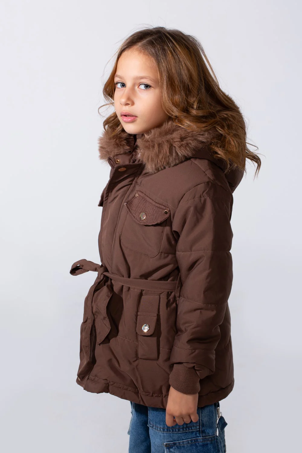 Girl's Zip-Up Long Sleeve With Fur Hood Chest Pockets Waterproof Jacket - Image 7