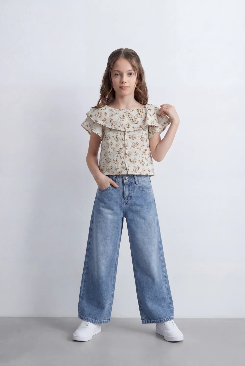 Girl's Tomato Store Wide Leg Denim High Rise Fit Classic Five Pocket Design Button Closure Belt Loops - Image 3