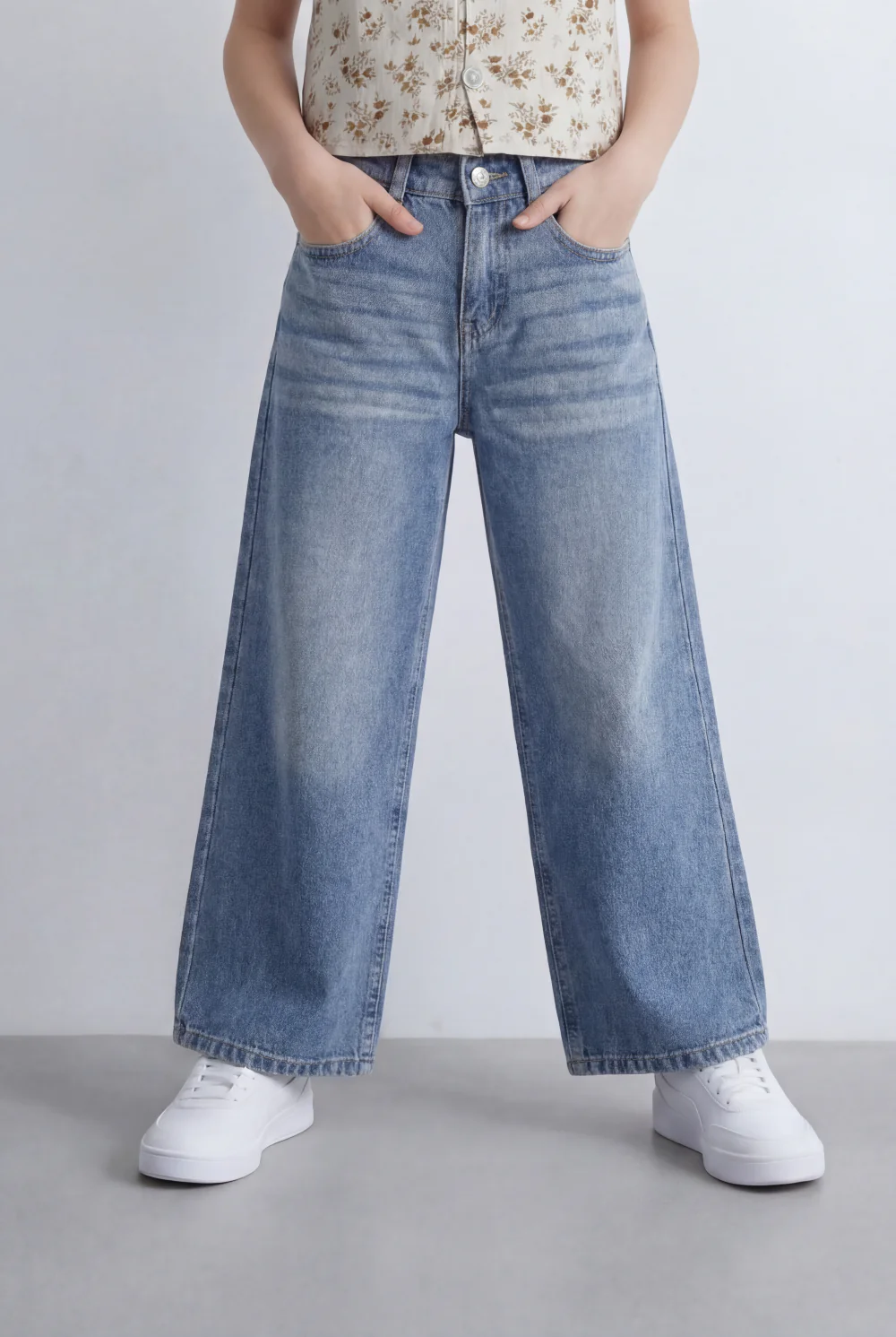 Girl's Tomato Store Wide Leg Denim High Rise Fit Classic Five Pocket Design Button Closure Belt Loops - Image 5