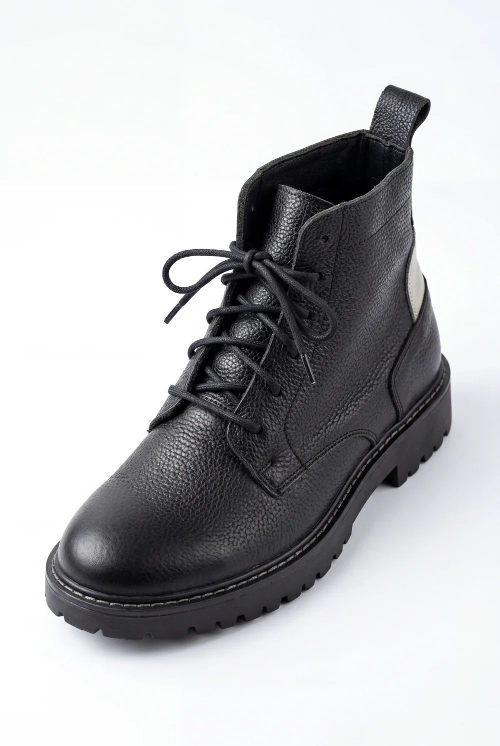 Men’s Black Grained Leather Boot Secure Lace-Up Grounded By Heavy Duty Lugged Rubber Sole Shoes - Image 2