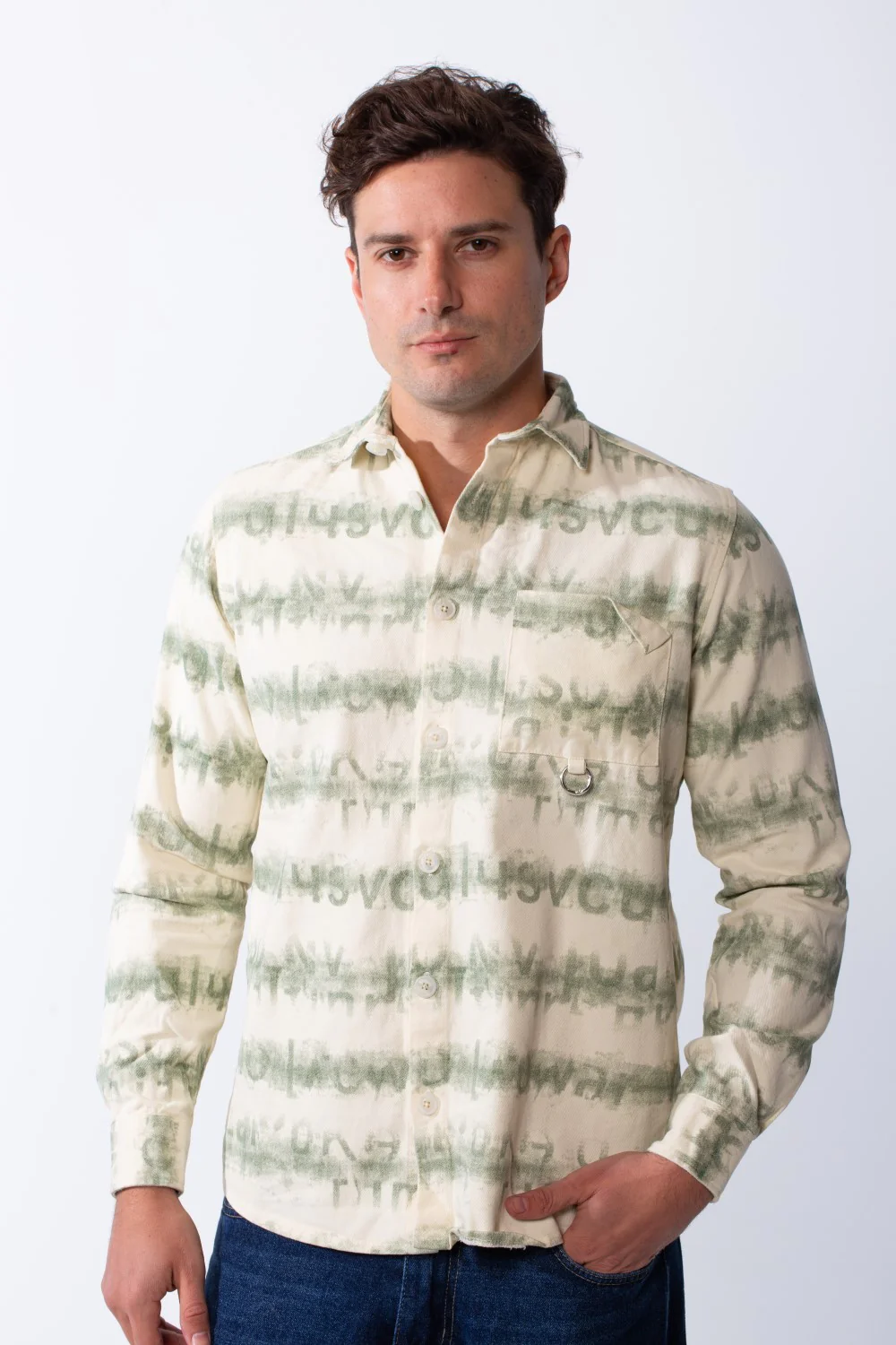 Men’s Long-Sleeve Button-Down Shirt Crafted From Fine Ribbed Fabric With Graphic Stripe Print Featuring Single Chest Pocket Gabarden Slim Fit Shirt