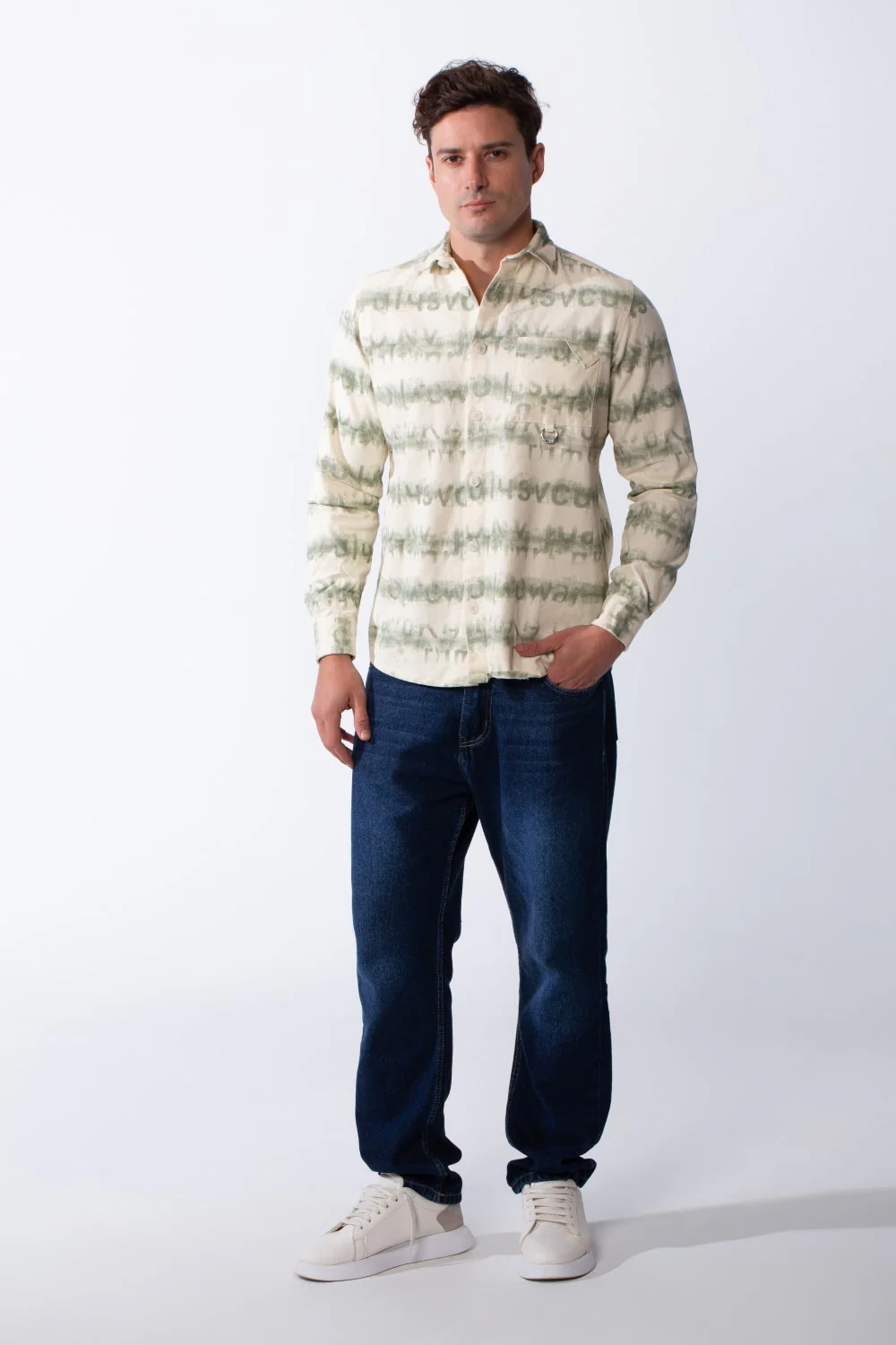 Men’s Long-Sleeve Button-Down Shirt Crafted From Fine Ribbed Fabric With Graphic Stripe Print Featuring Single Chest Pocket Gabarden Slim Fit Shirt - Image 3