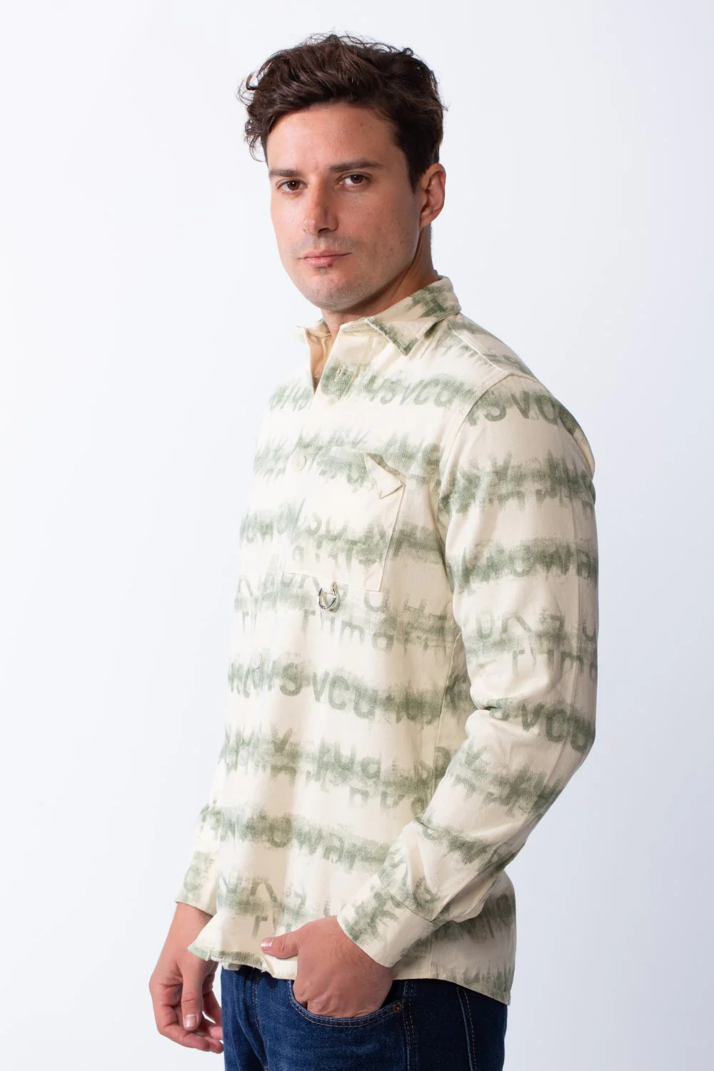 Men’s Long-Sleeve Button-Down Shirt Crafted From Fine Ribbed Fabric With Graphic Stripe Print Featuring Single Chest Pocket Gabarden Slim Fit Shirt - Image 4