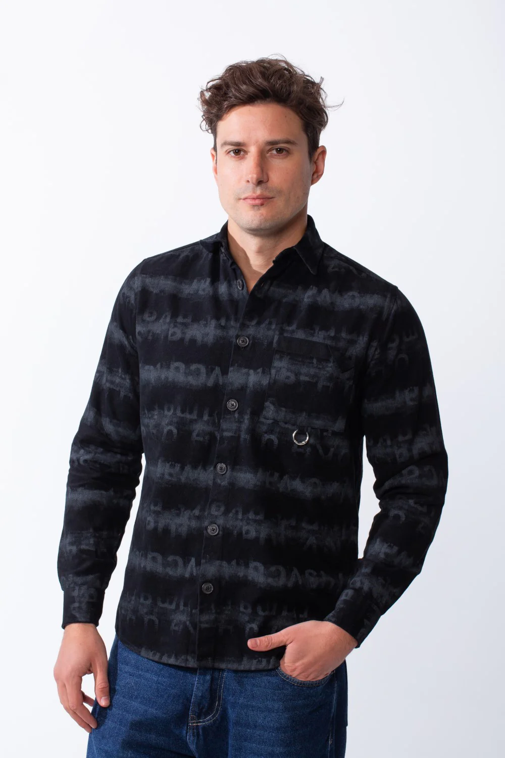 Men’s Long-Sleeve Button-Down Shirt Crafted From Fine Ribbed Fabric With Graphic Stripe Print Featuring Single Chest Pocket Gabarden Slim Fit Shirt - Image 5