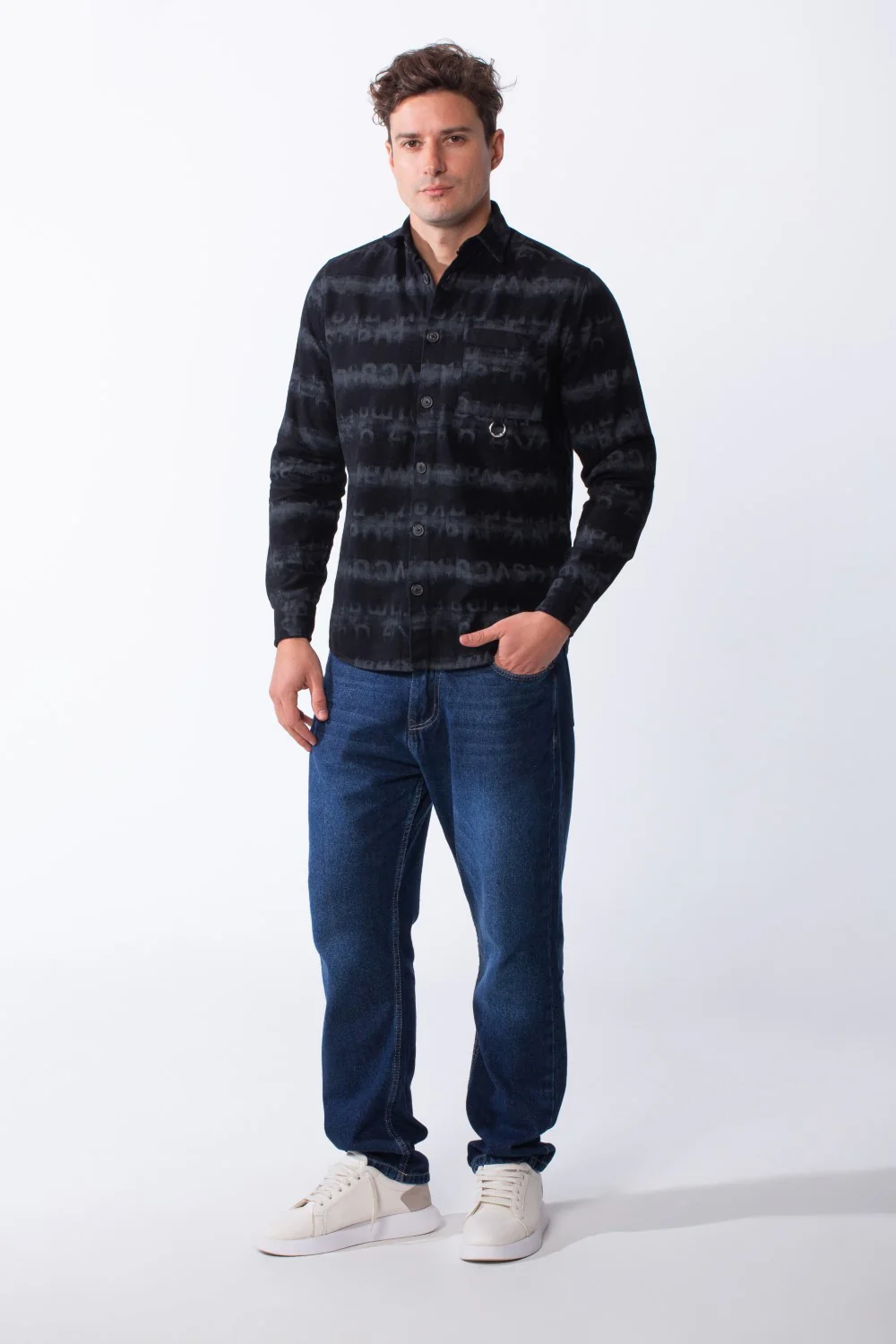 Men’s Long-Sleeve Button-Down Shirt Crafted From Fine Ribbed Fabric With Graphic Stripe Print Featuring Single Chest Pocket Gabarden Slim Fit Shirt - Image 6