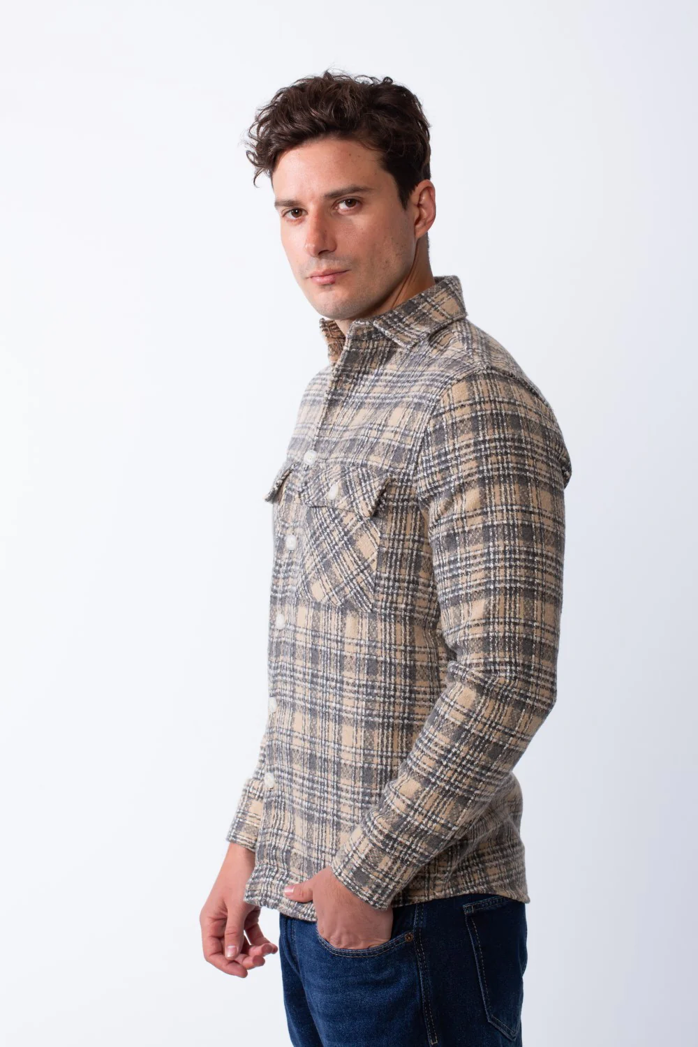 Men’s Classic Plaid Pattern Double Buttoned Chest Pockets Structured Collar Regular Fit Wool Fabric For Everyday Wear Shirt - Image 4