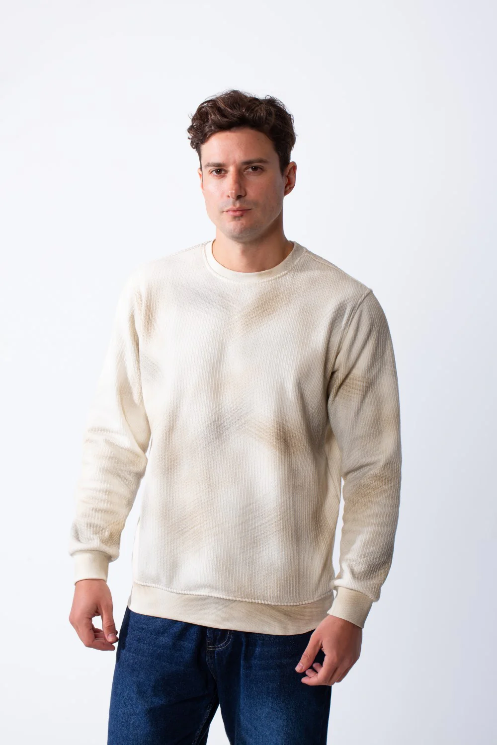Men’s Textured Acid-Wash Crewneck Long Sleeve Tomato Store Slim Fit Sweatshirt