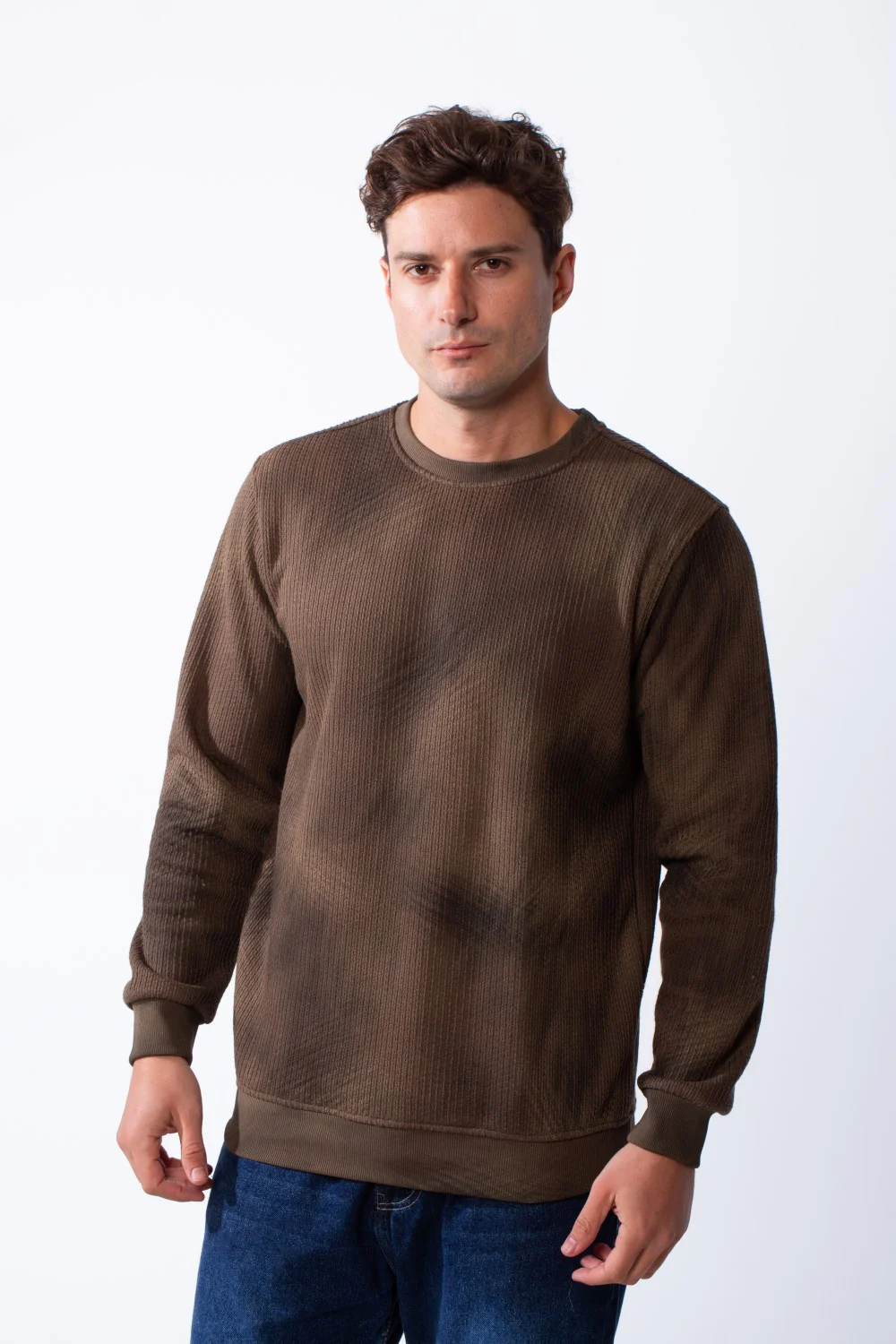 Men’s Textured Acid-Wash Crewneck Long Sleeve Tomato Store Slim Fit Sweatshirt - Image 5