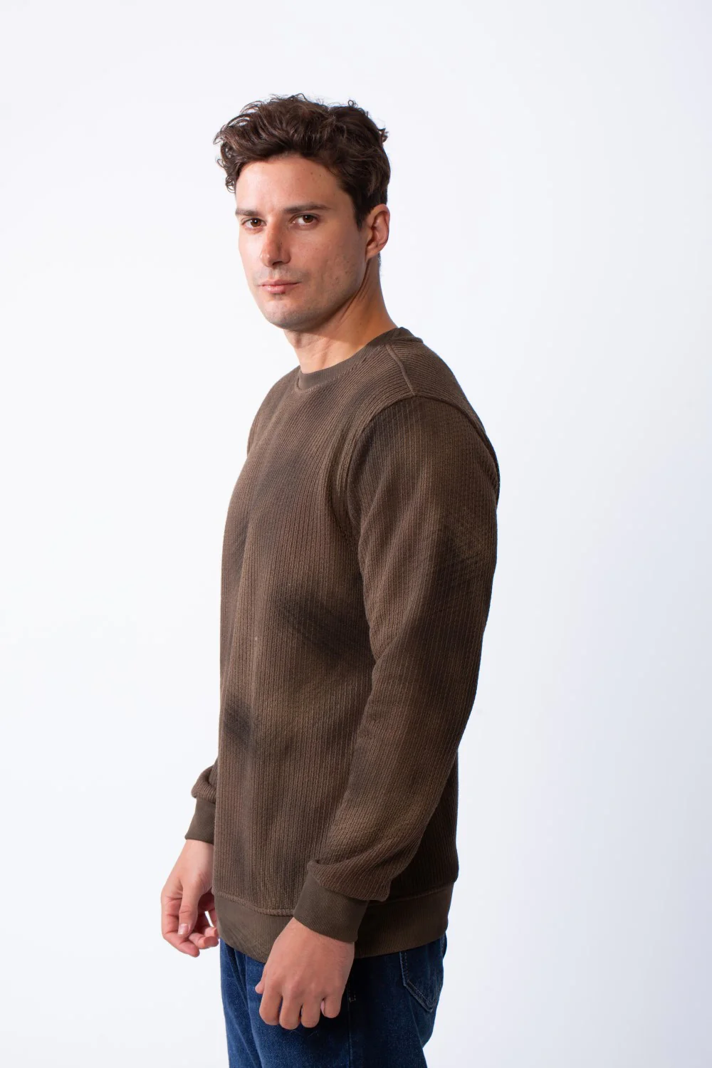 Men’s Textured Acid-Wash Crewneck Long Sleeve Tomato Store Slim Fit Sweatshirt - Image 8