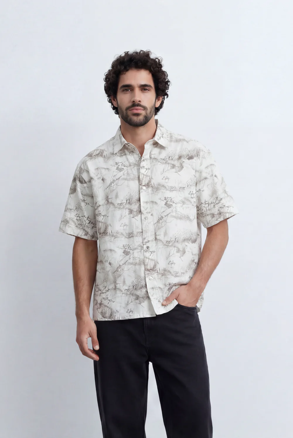 Men’s Tomato Store Abstract Marble Shirt Fluid Sketch Print Lightweight Camp Collar Design - Image 2