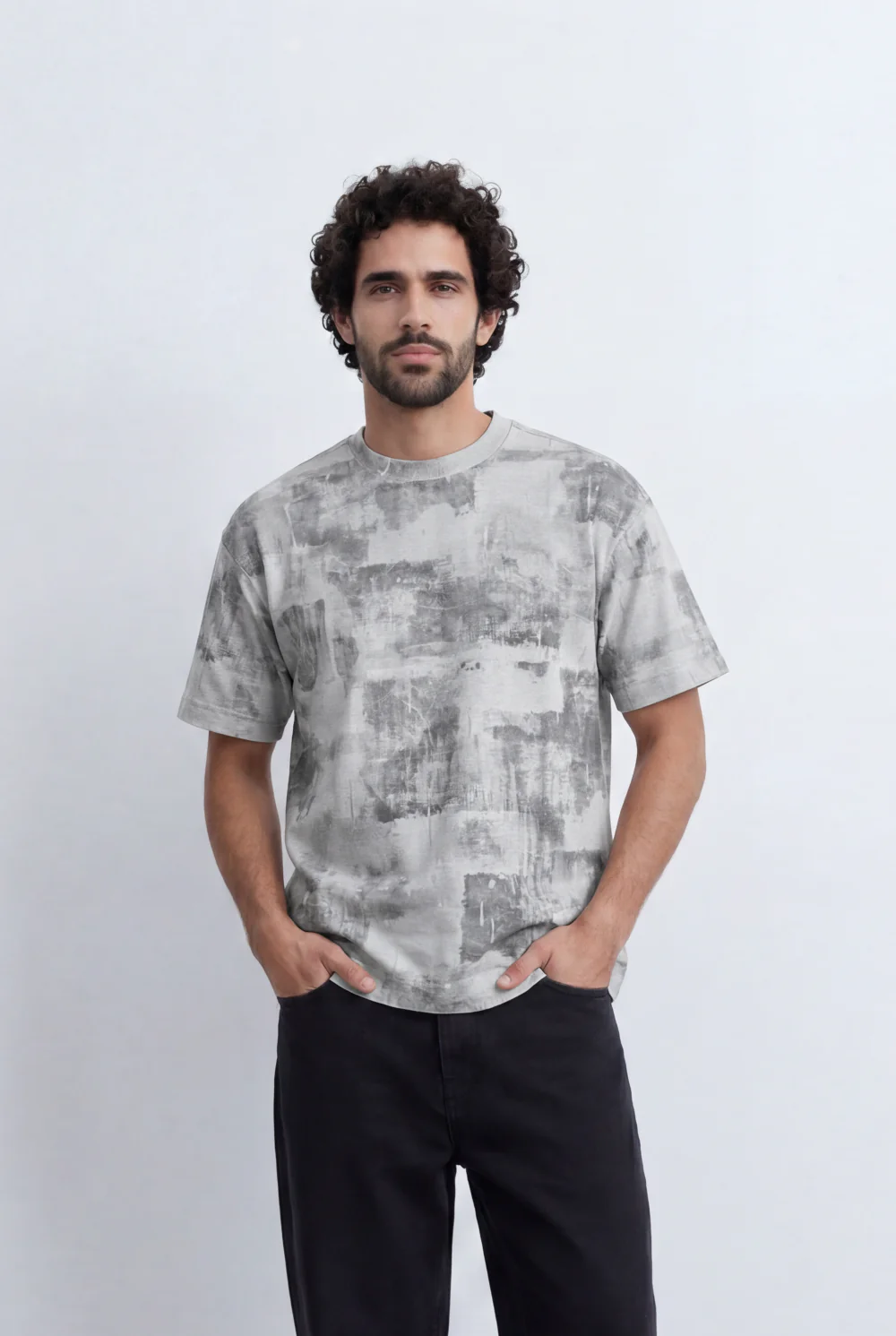 Men’s Tomato Store Abstract Washed  Slim Fit T-Shirt Layered Shadow Texture Effect - Image 5