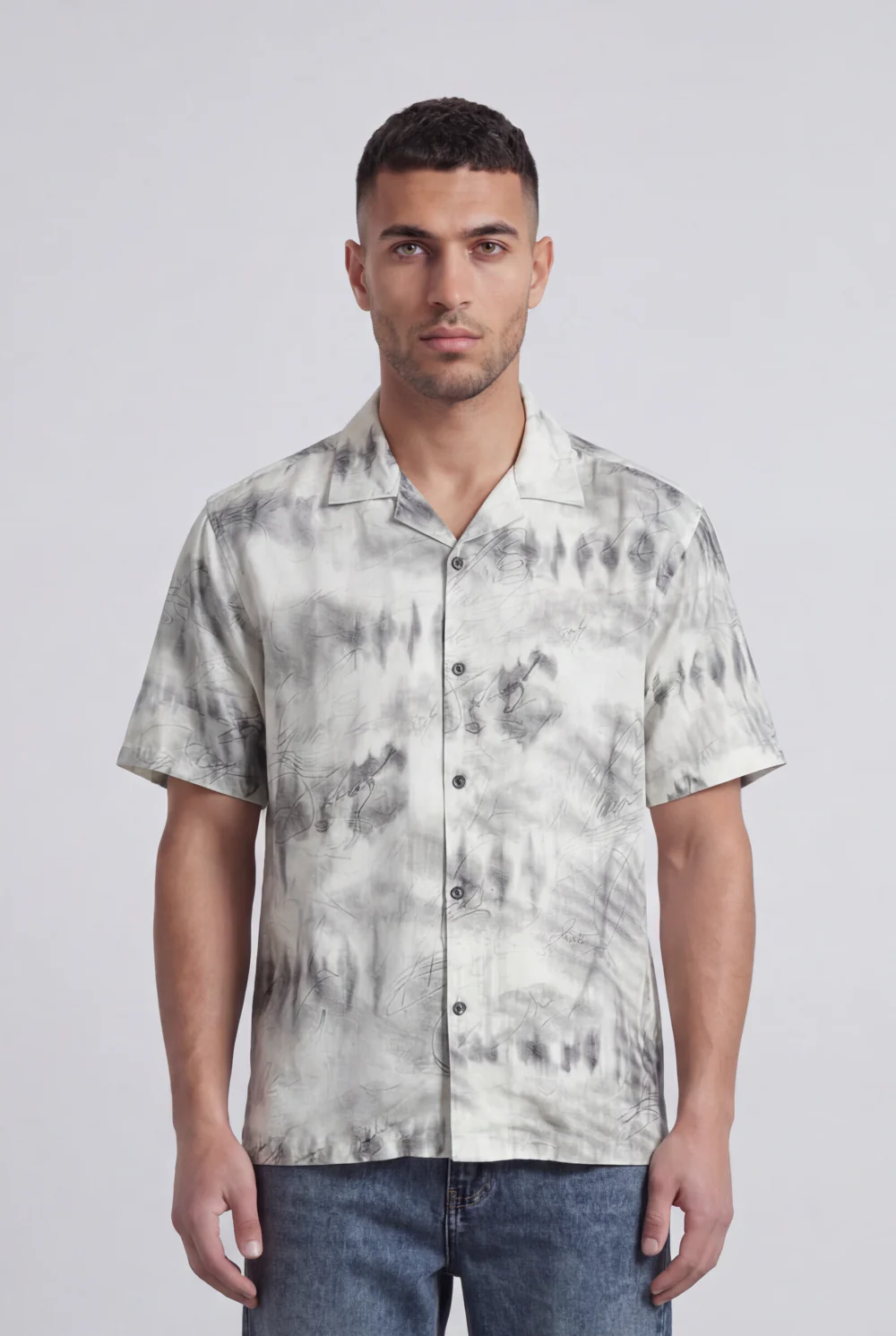 Men’s Tomato Store Allover Signature Script Print Camp Collar Shirt Regular Fit Button Front - Image 5