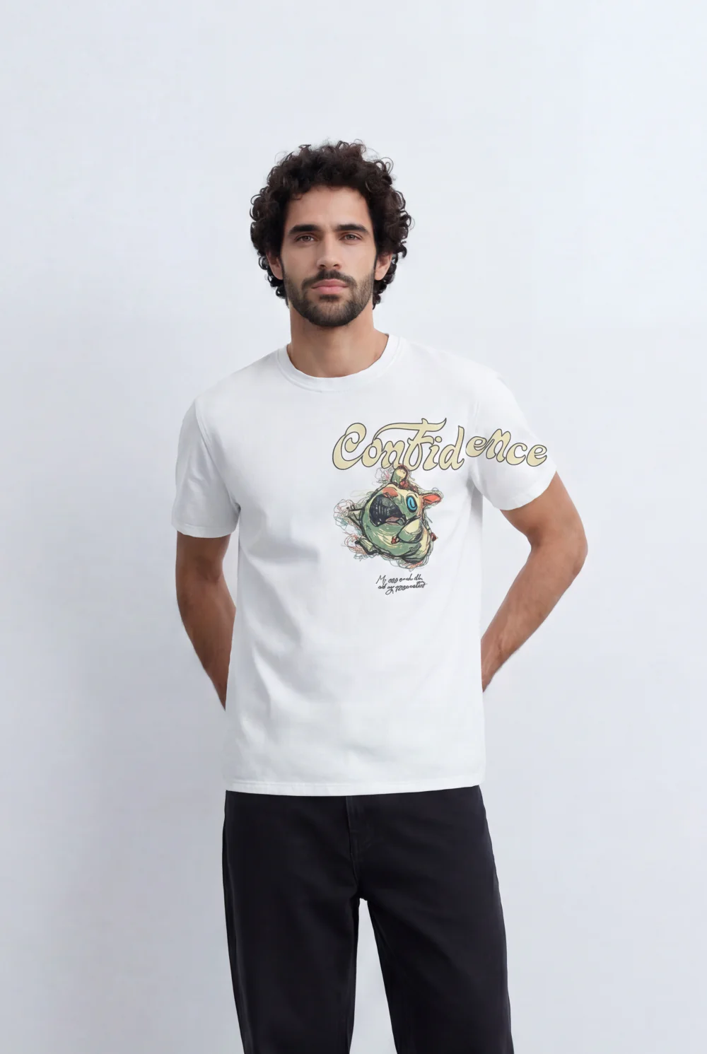 Men’s Tomato Store Artistic Graphic T-Shirt Confidence Typography Print Abstract Character Detail
