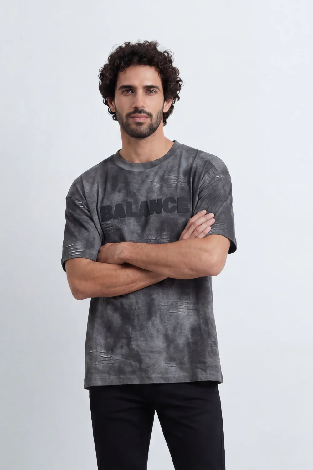 Men’s Tomato Store Balance Fade T-Shirt Relaxed Fit Cloudy Acid Wash Surface Tonal Chest Typography Print Scattered Scratch Distress
