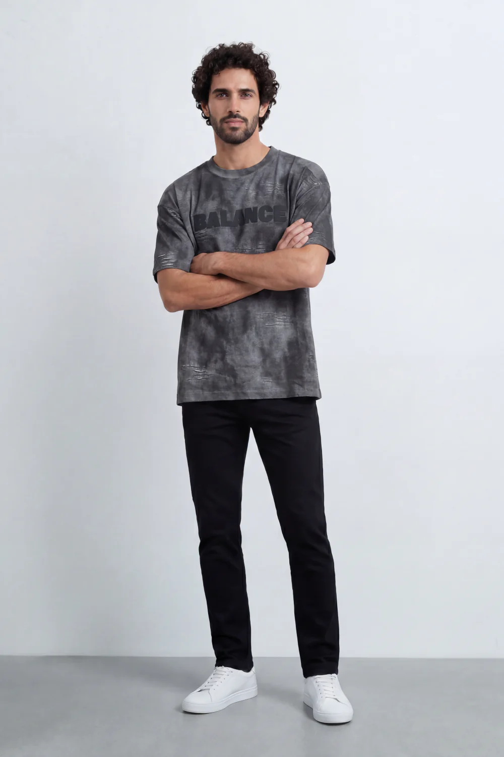 Men’s Tomato Store Balance Fade T-Shirt Relaxed Fit Cloudy Acid Wash Surface Tonal Chest Typography Print Scattered Scratch Distress - Image 3
