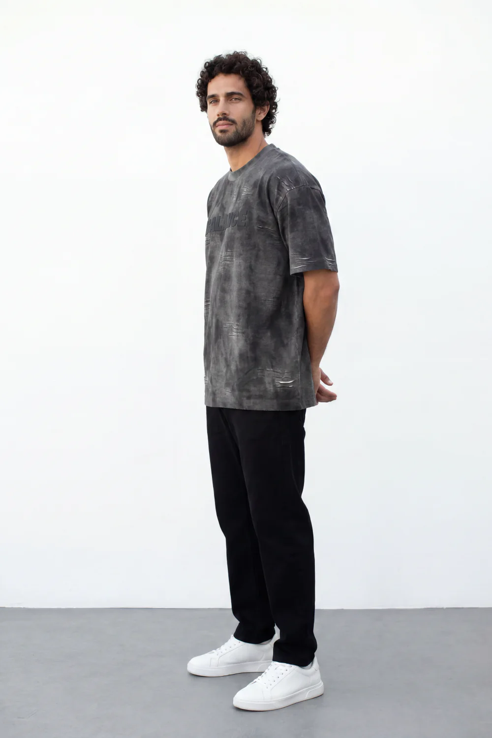 Men’s Tomato Store Balance Fade T-Shirt Relaxed Fit Cloudy Acid Wash Surface Tonal Chest Typography Print Scattered Scratch Distress - Image 4