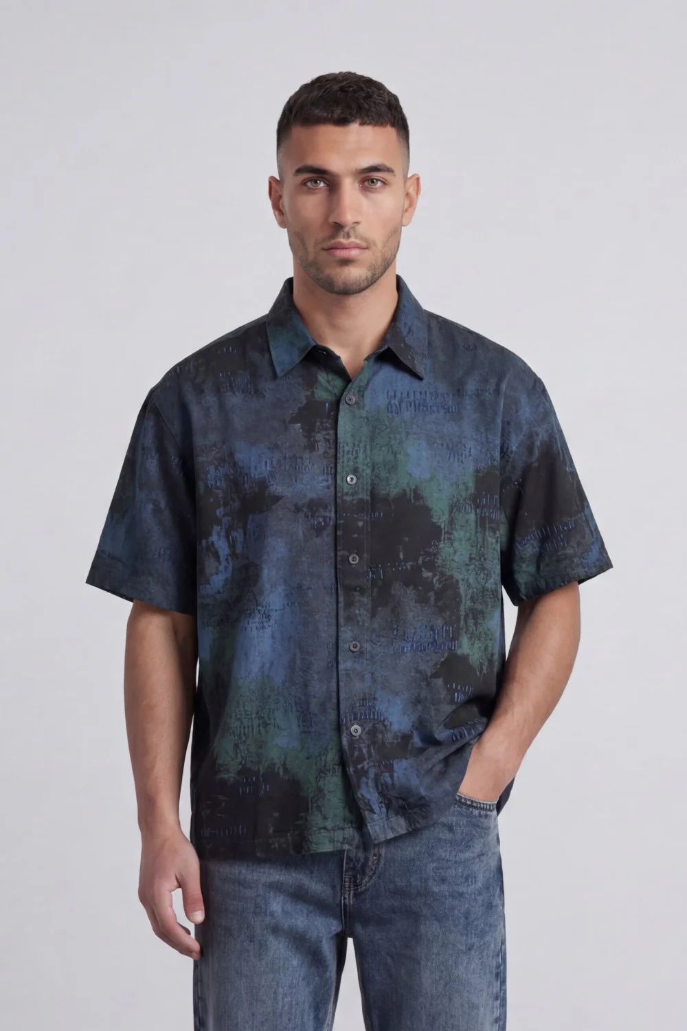Men’s Tomato Store Grunge Canvas Bowling Shirt Boxy Cut Allover Distressed Artwork