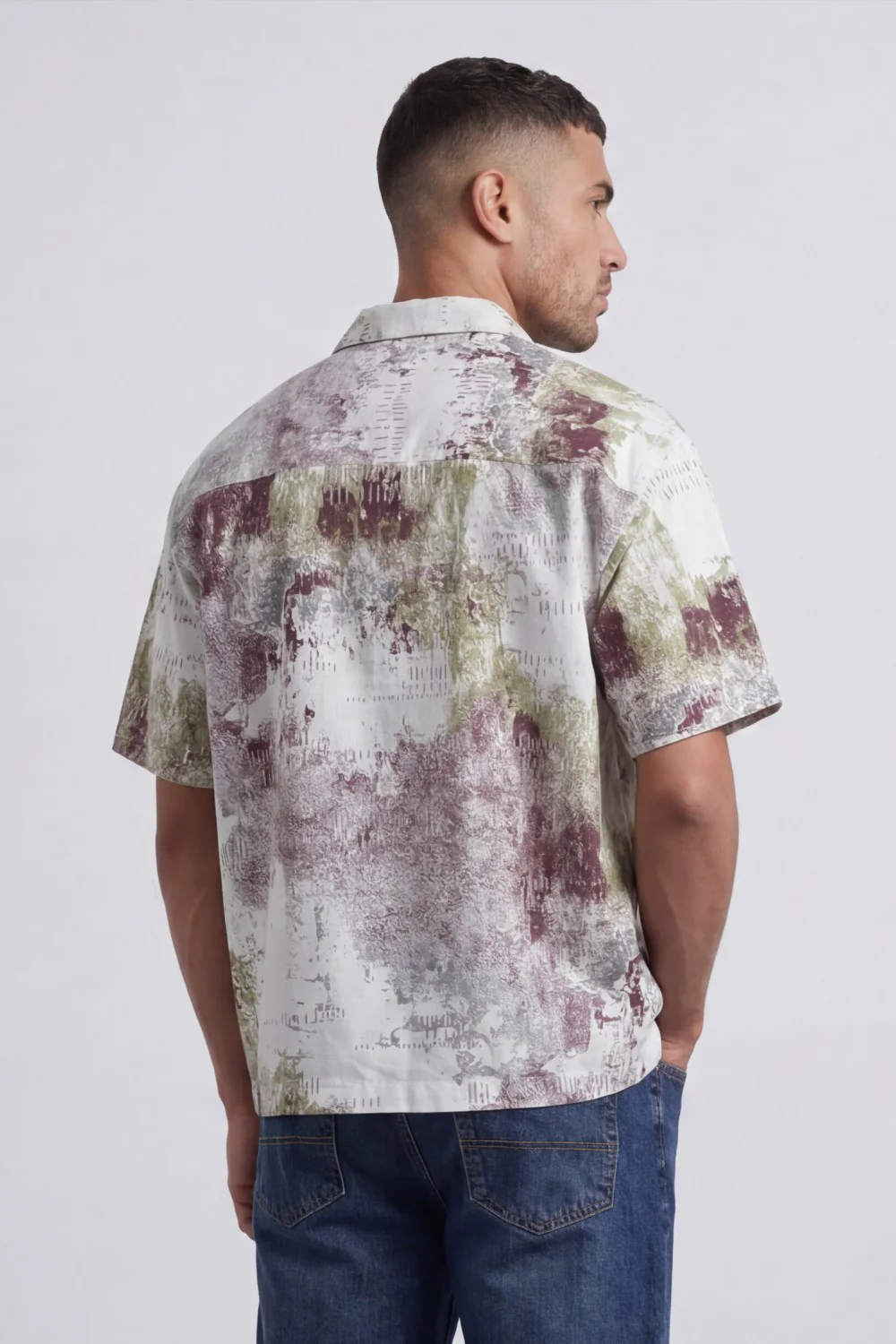 Men’s Tomato Store Grunge Canvas Bowling Shirt Boxy Cut Allover Distressed Artwork - Image 10