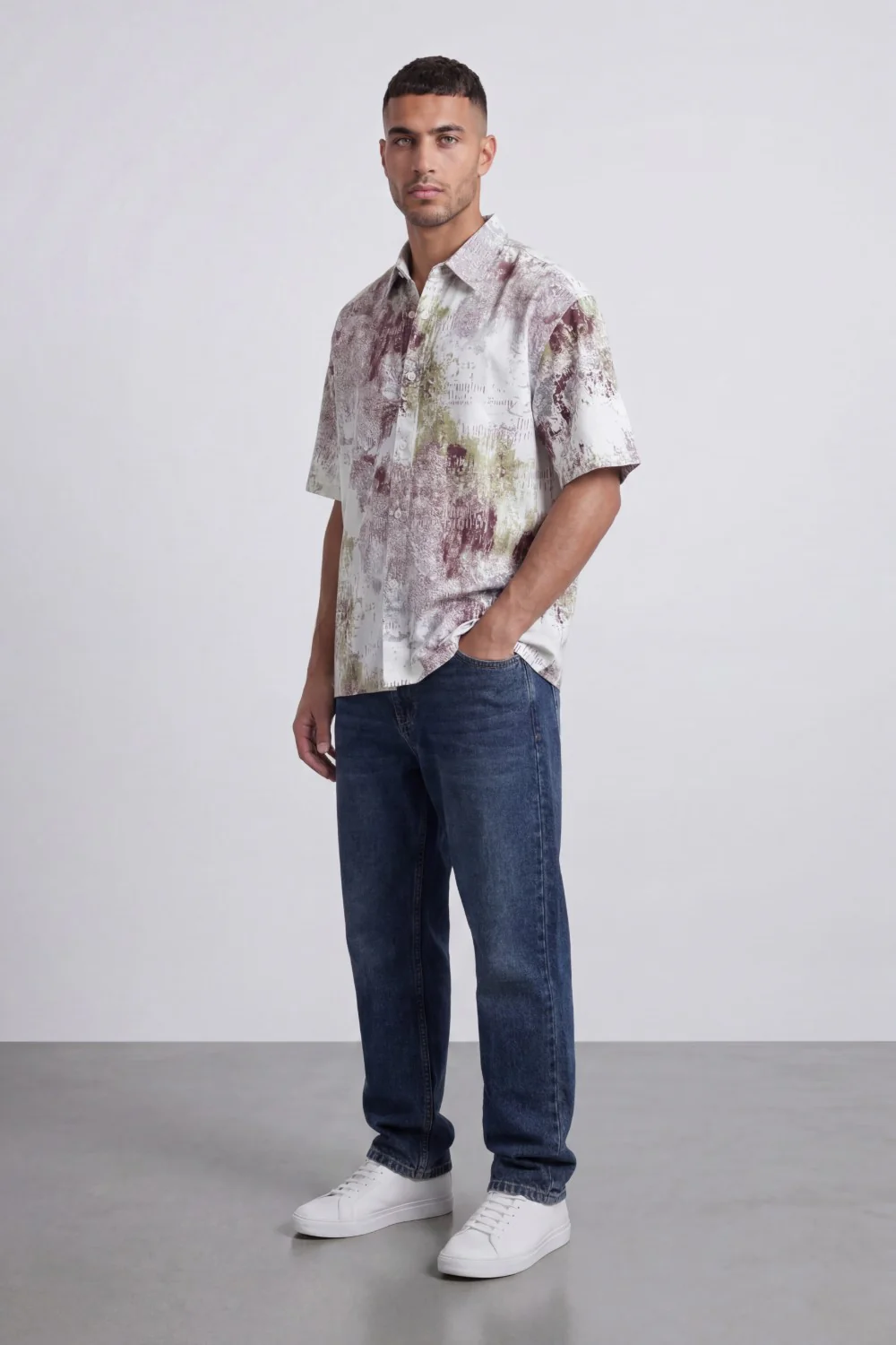 Men’s Tomato Store Grunge Canvas Bowling Shirt Boxy Cut Allover Distressed Artwork - Image 12