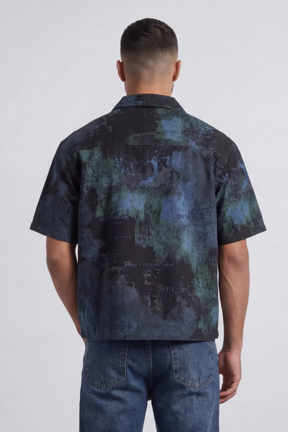 Men’s Tomato Store Grunge Canvas Bowling Shirt Boxy Cut Allover Distressed Artwork - Image 2