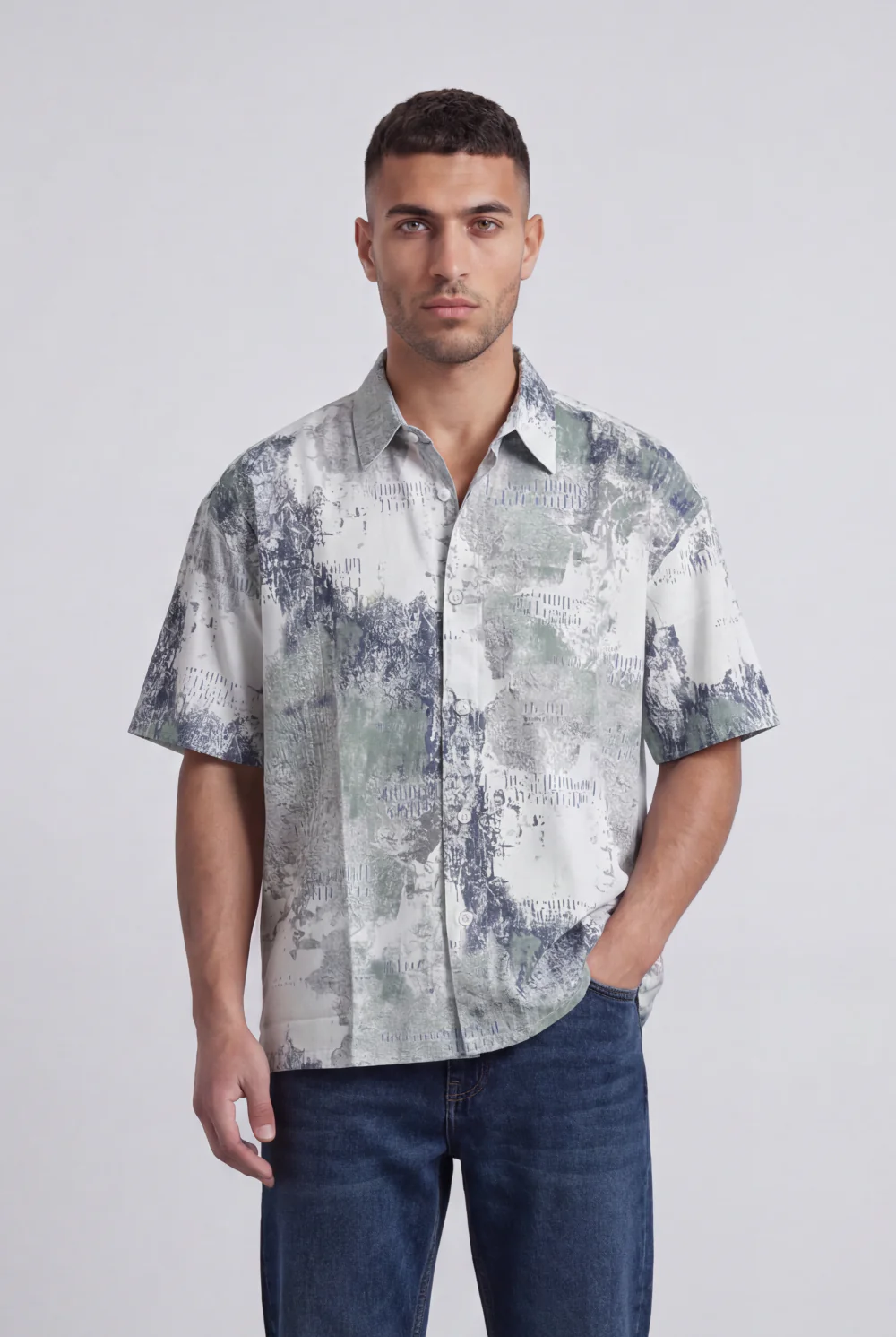 Men’s Tomato Store Grunge Canvas Bowling Shirt Boxy Cut Allover Distressed Artwork - Image 5