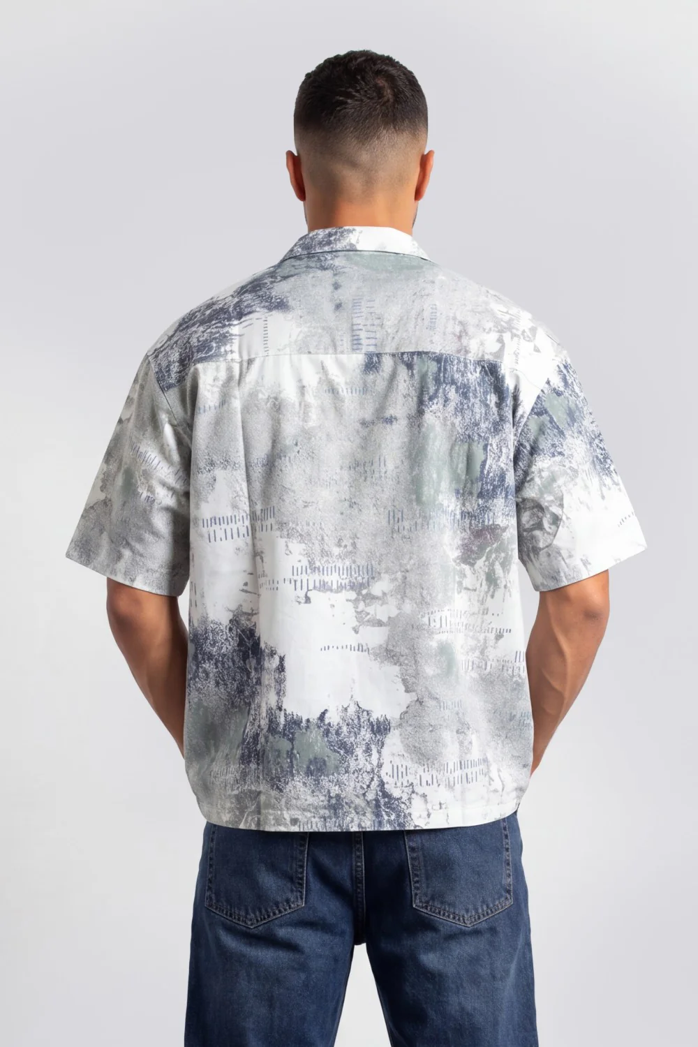 Men’s Tomato Store Grunge Canvas Bowling Shirt Boxy Cut Allover Distressed Artwork - Image 6