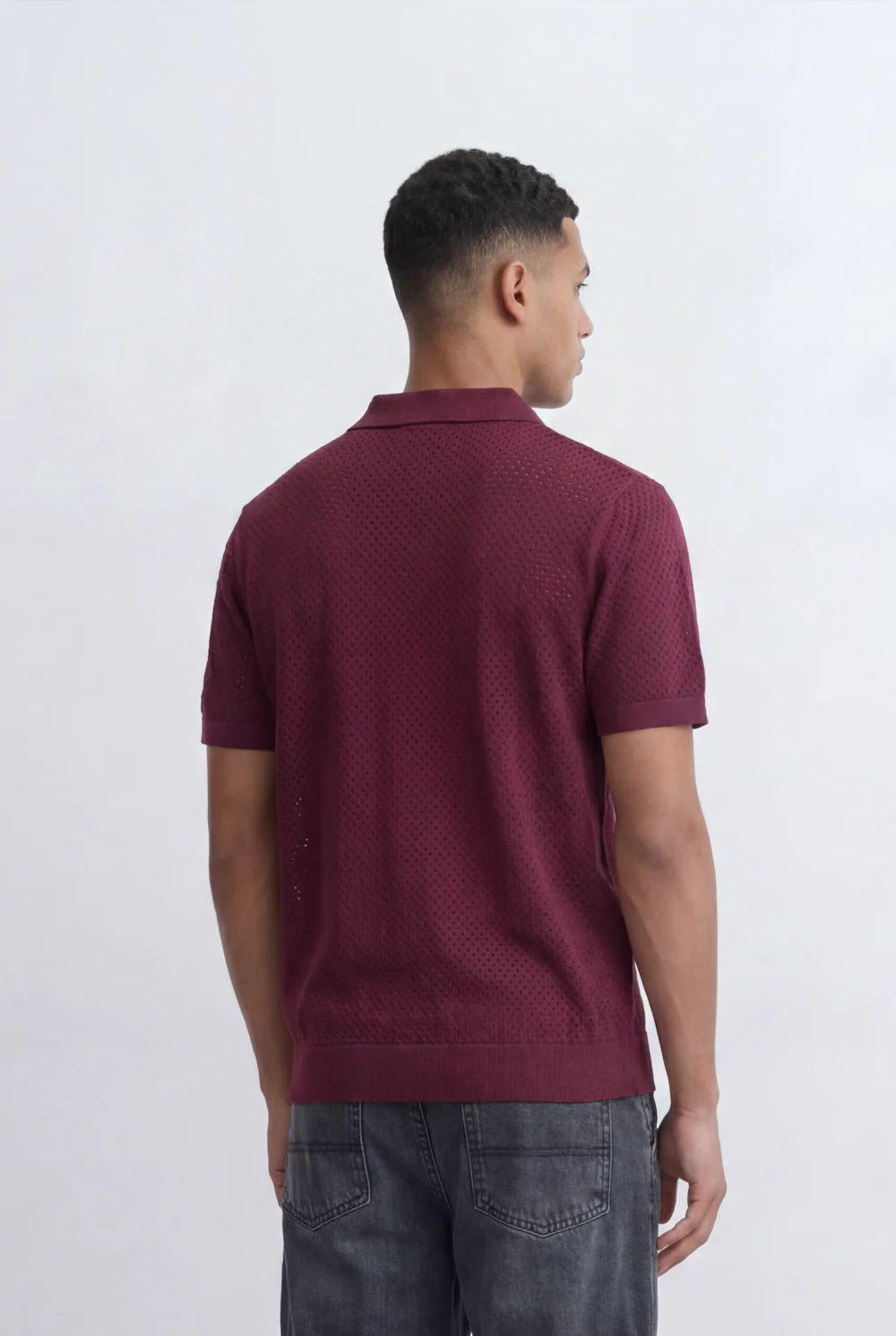 Men’s Tomato Store Knit Polo All Over Perforated Texture Button Placket Design Slim Fit T-Shirt - Image 10