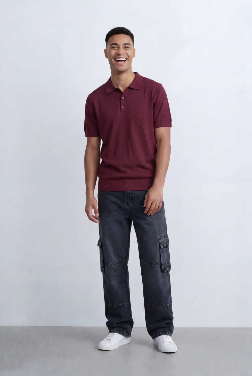 Men’s Tomato Store Knit Polo All Over Perforated Texture Button Placket Design Slim Fit T-Shirt - Image 11