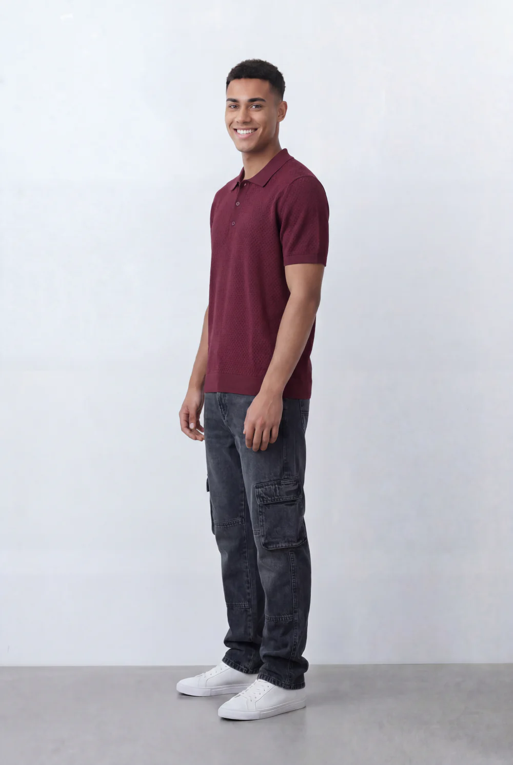 Men’s Tomato Store Knit Polo All Over Perforated Texture Button Placket Design Slim Fit T-Shirt - Image 12
