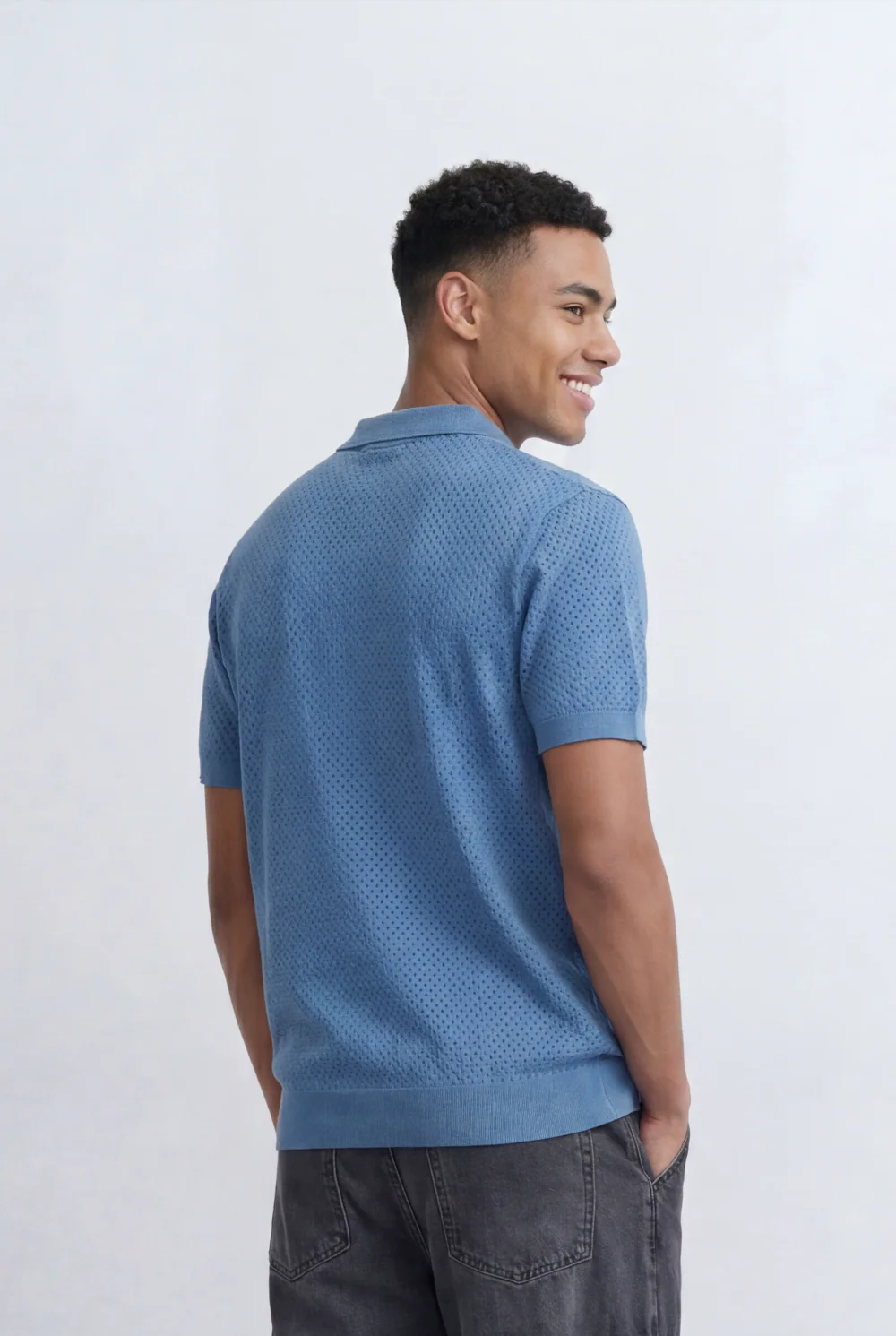 Men’s Tomato Store Knit Polo All Over Perforated Texture Button Placket Design Slim Fit T-Shirt - Image 2