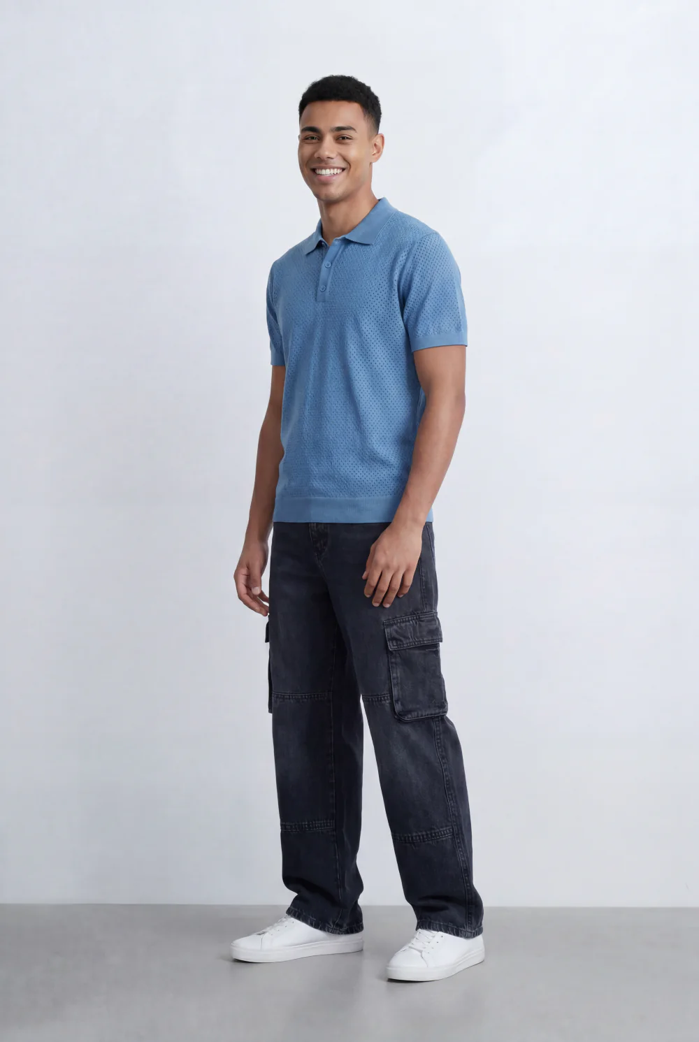 Men’s Tomato Store Knit Polo All Over Perforated Texture Button Placket Design Slim Fit T-Shirt - Image 4