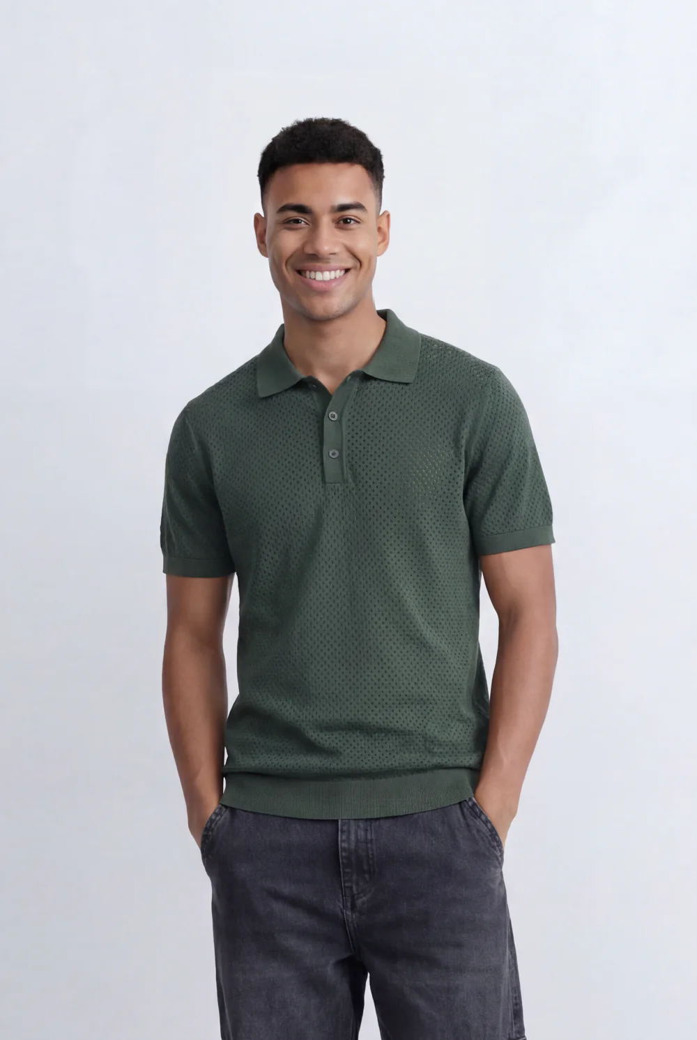 Men’s Tomato Store Knit Polo All Over Perforated Texture Button Placket Design Slim Fit T-Shirt - Image 5