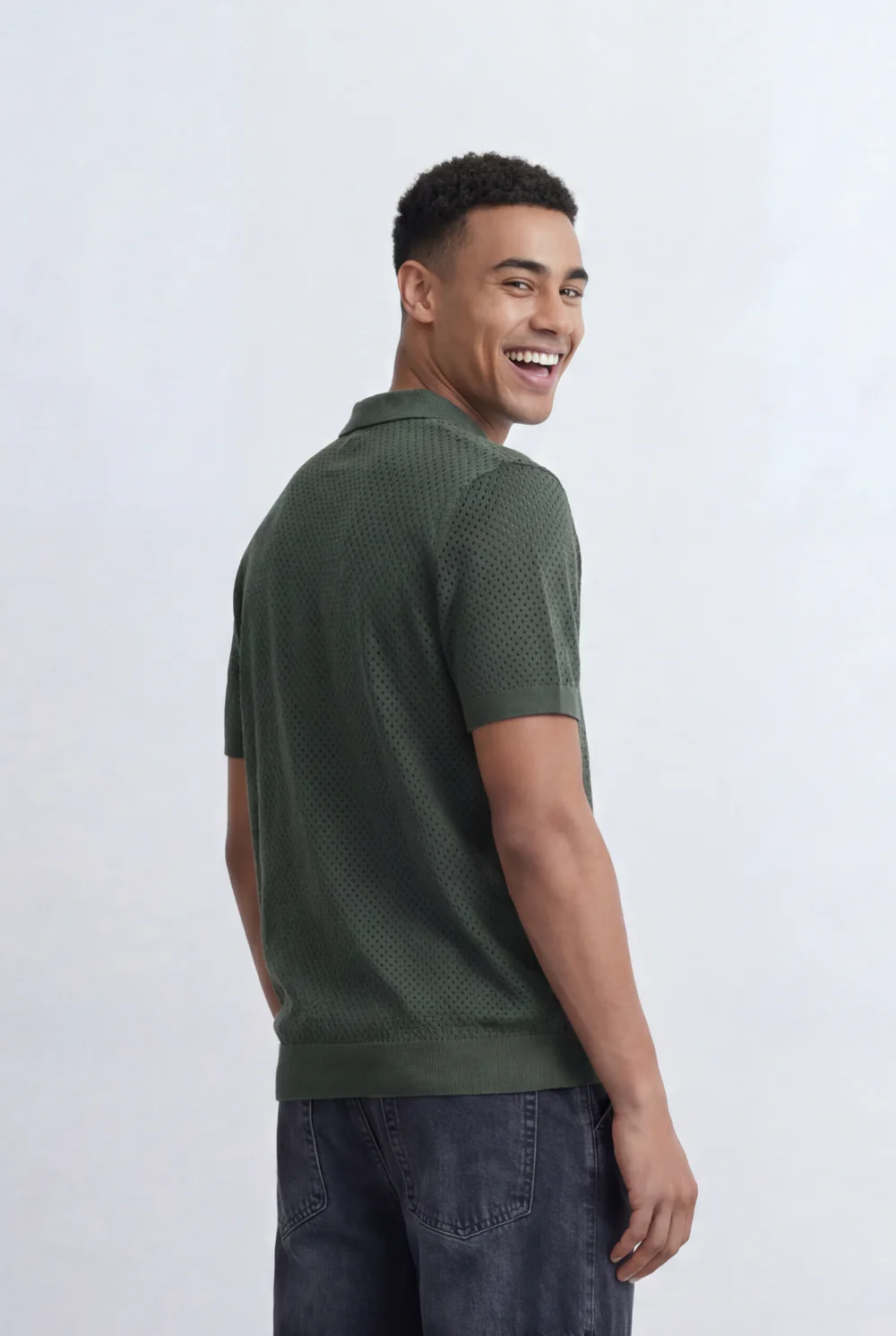 Men’s Tomato Store Knit Polo All Over Perforated Texture Button Placket Design Slim Fit T-Shirt - Image 6