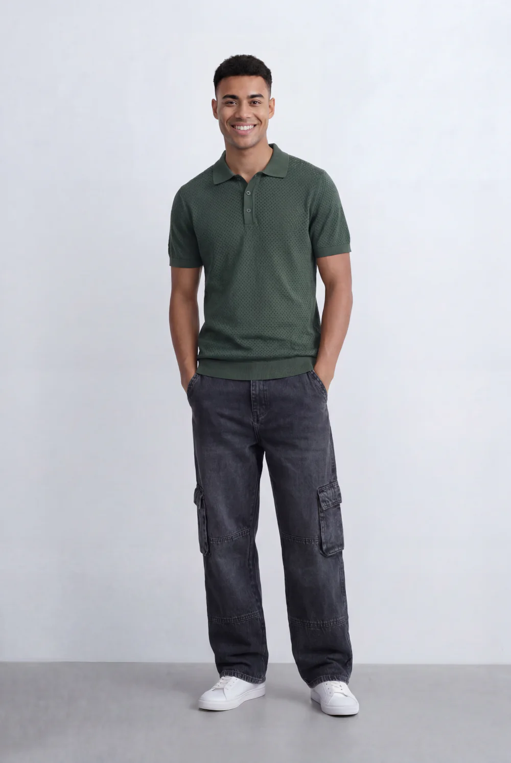 Men’s Tomato Store Knit Polo All Over Perforated Texture Button Placket Design Slim Fit T-Shirt - Image 7