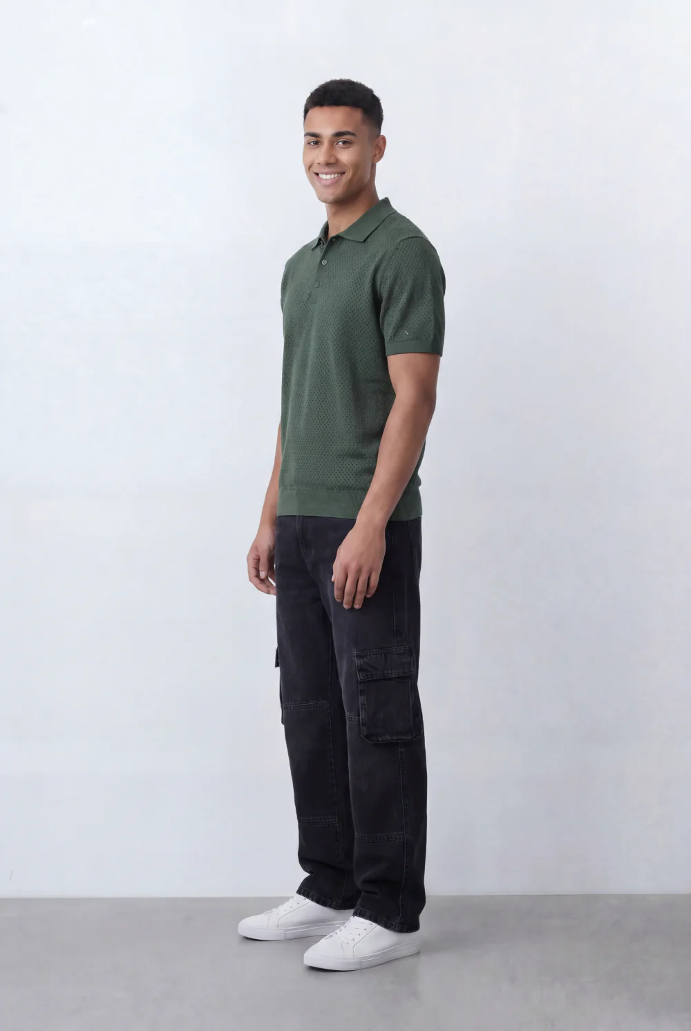 Men’s Tomato Store Knit Polo All Over Perforated Texture Button Placket Design Slim Fit T-Shirt - Image 8
