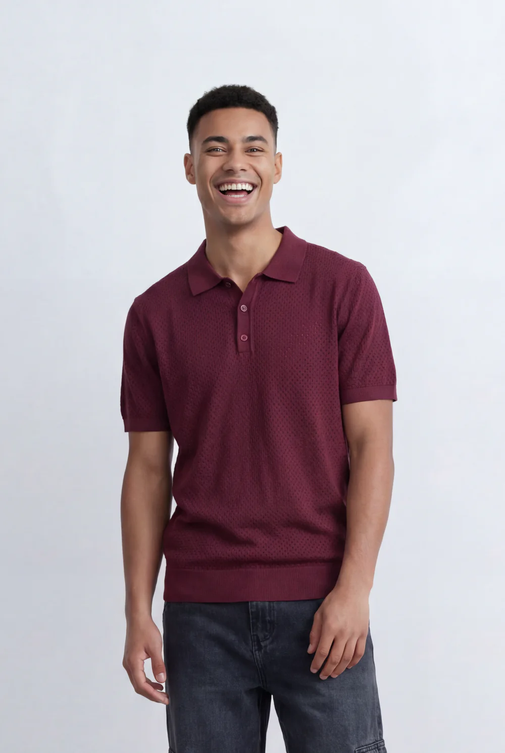 Men’s Tomato Store Knit Polo All Over Perforated Texture Button Placket Design Slim Fit T-Shirt - Image 9