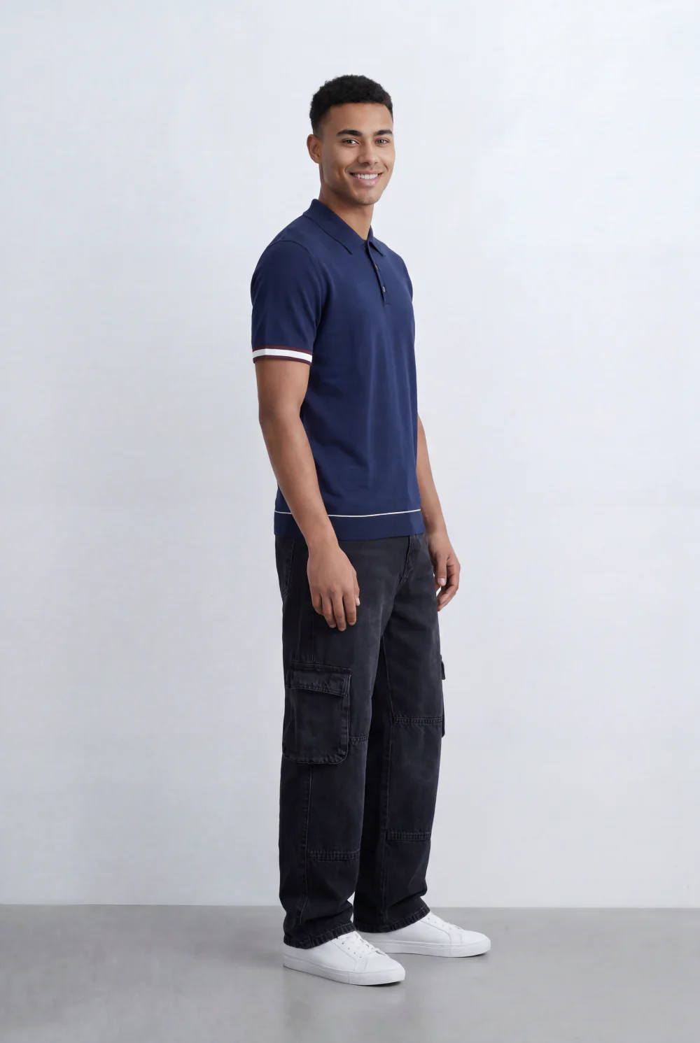Men’s Tomato Store Knit Polo Contrast Stripe Sleeve Details Ribbed Hem Finish Slim Fit T-Shirt - Image 11