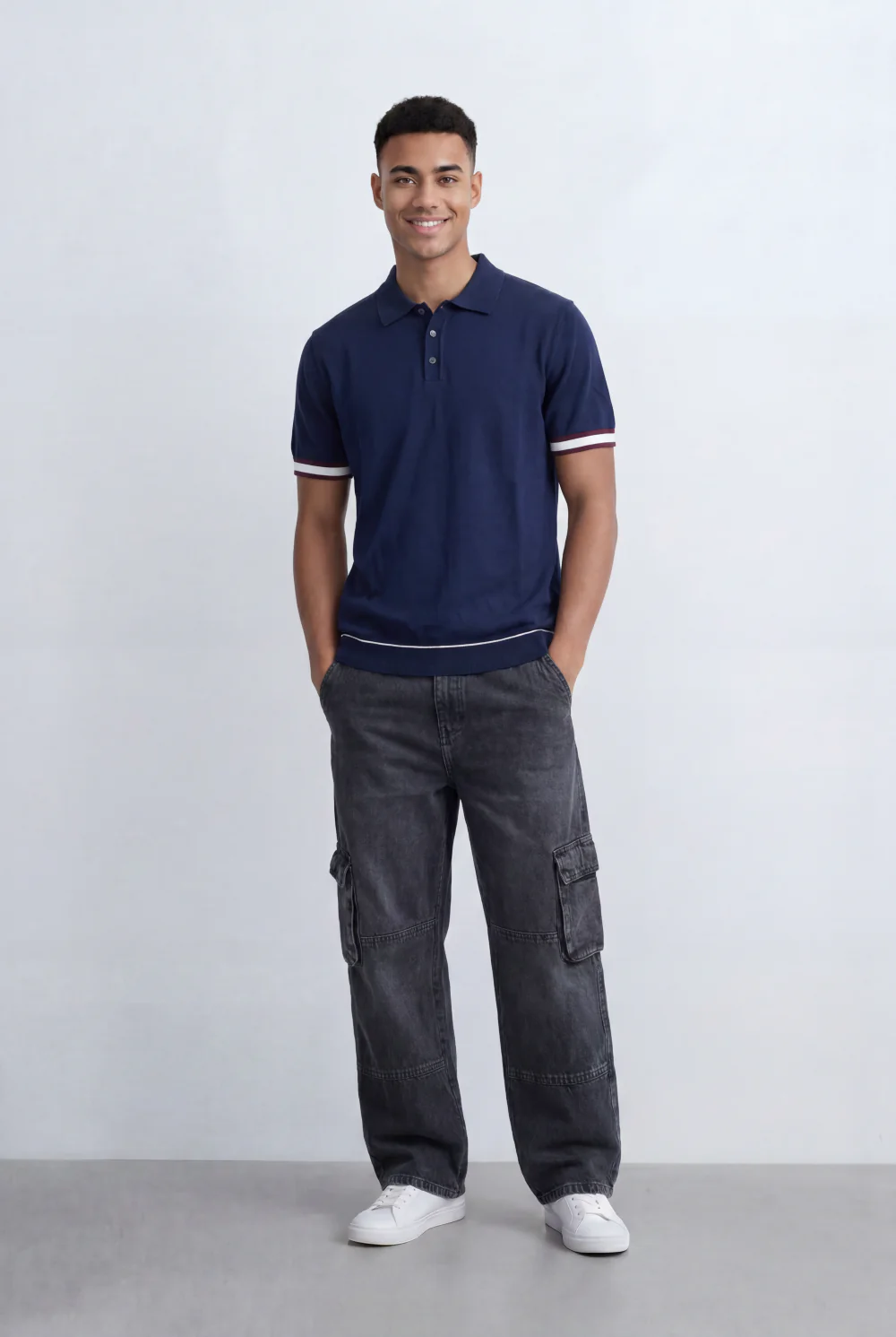 Men’s Tomato Store Knit Polo Contrast Stripe Sleeve Details Ribbed Hem Finish Slim Fit T-Shirt - Image 12